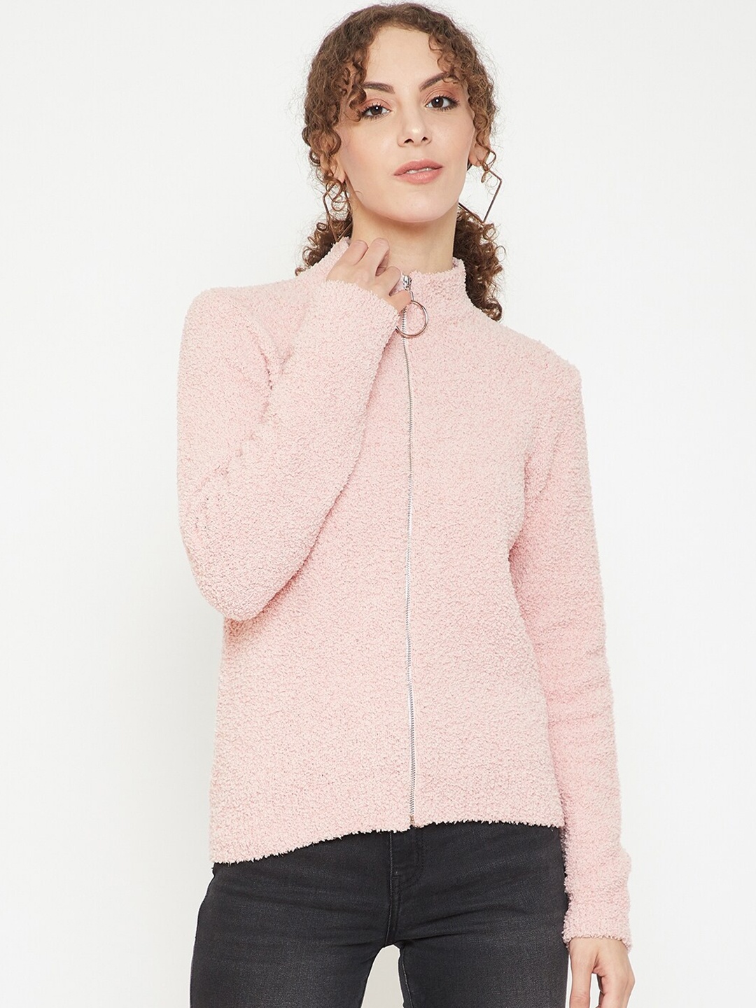 

Madame Women Peach-Coloured Ribbed Woolen Cardigan