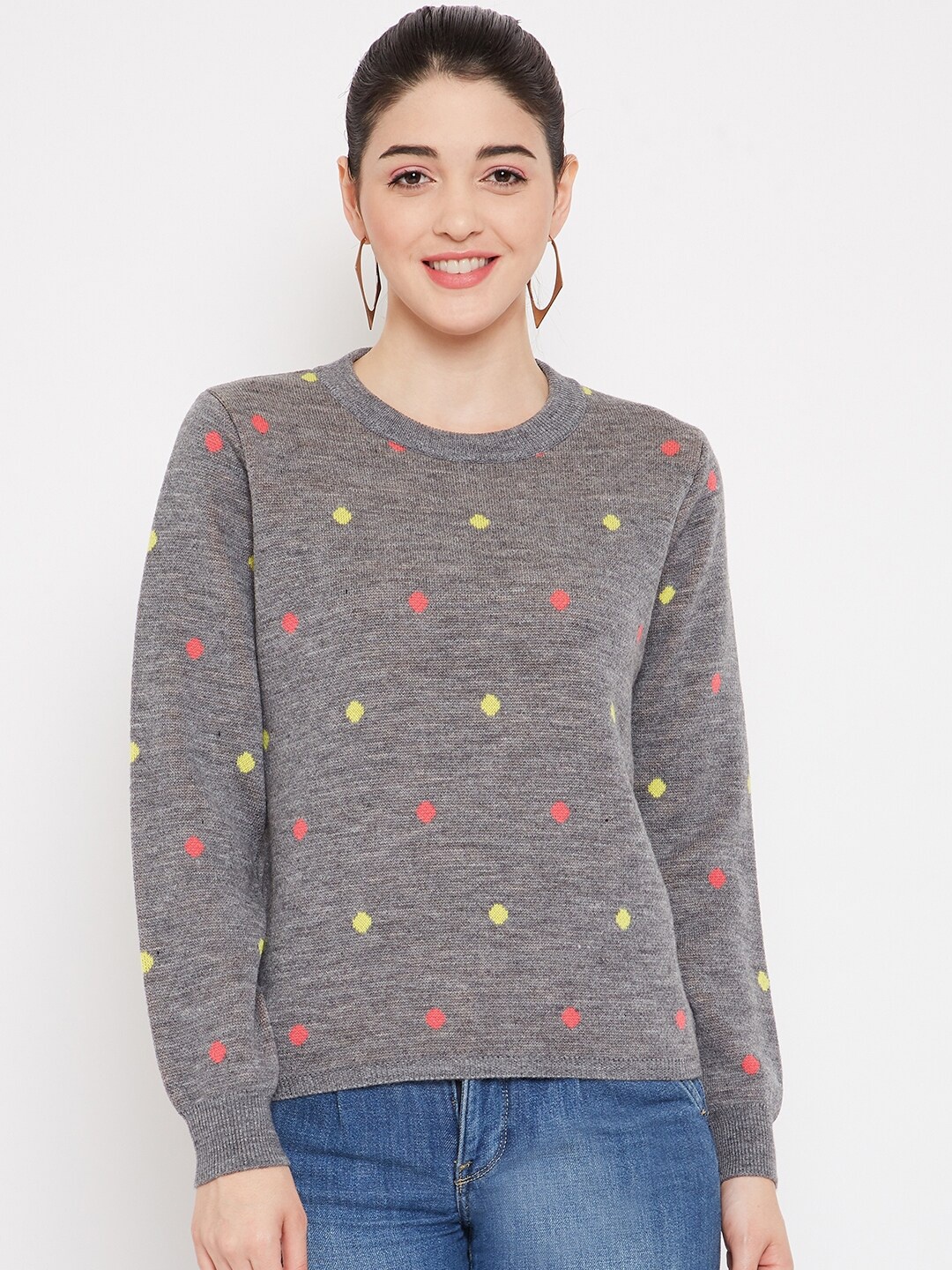 

Madame Women Grey & Yellow Printed Wool Pullover
