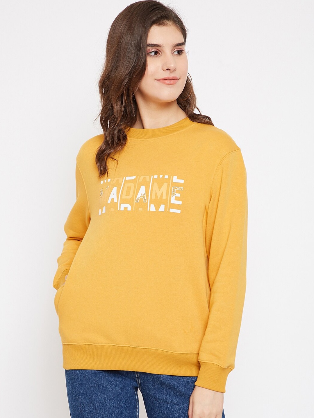 

Madame Women Mustard Printed Sweatshirt