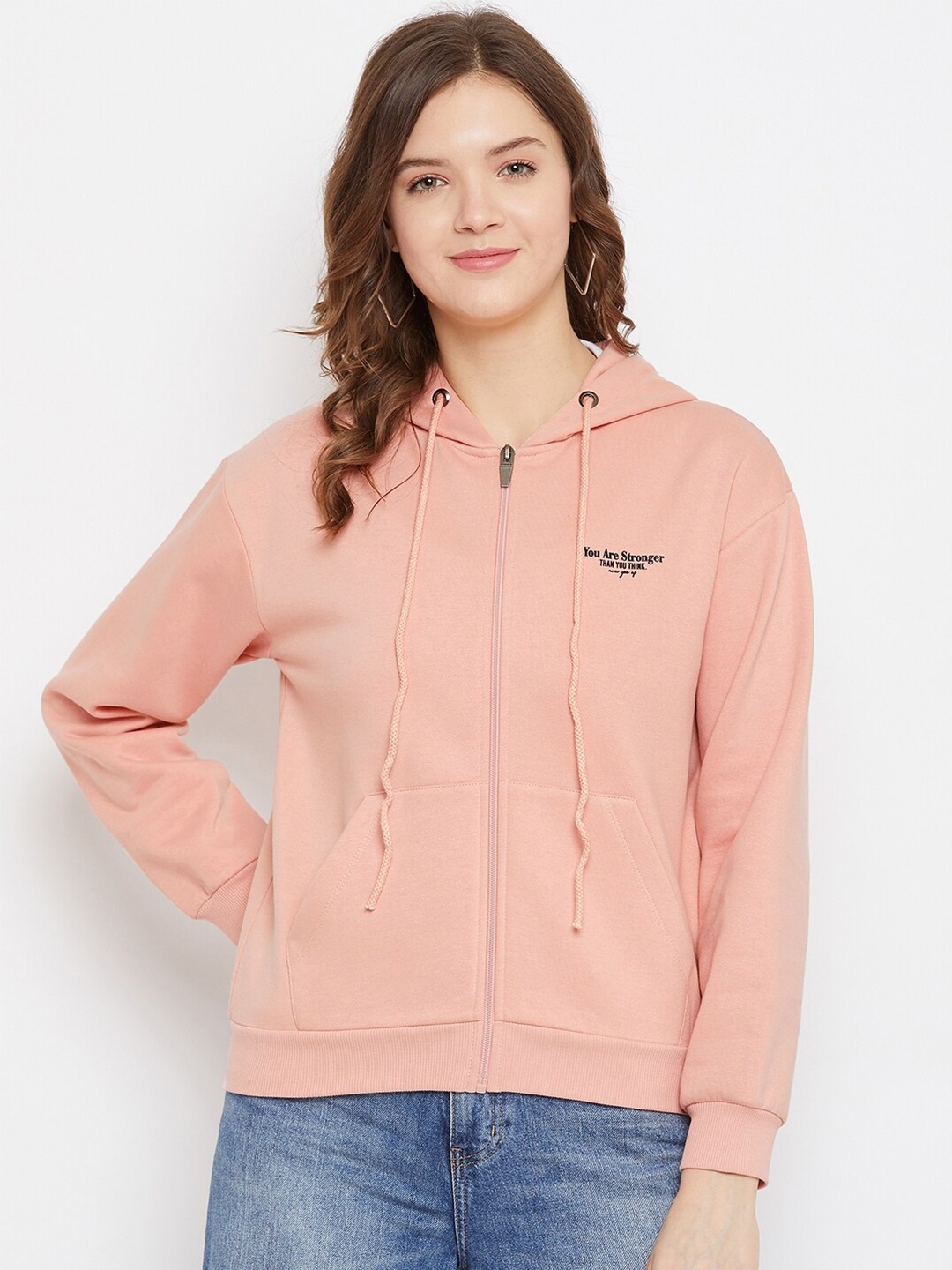 

Madame Women Peach-Coloured Graphic Printed Hooded Sweatshirt