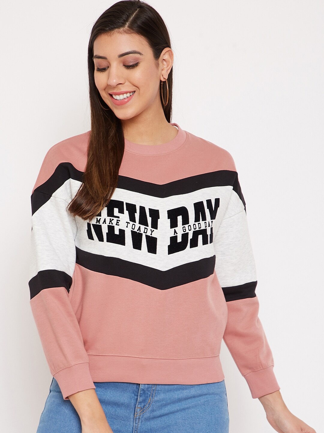 

Madame Women Pink Colourblocked Fleece Sweatshirt
