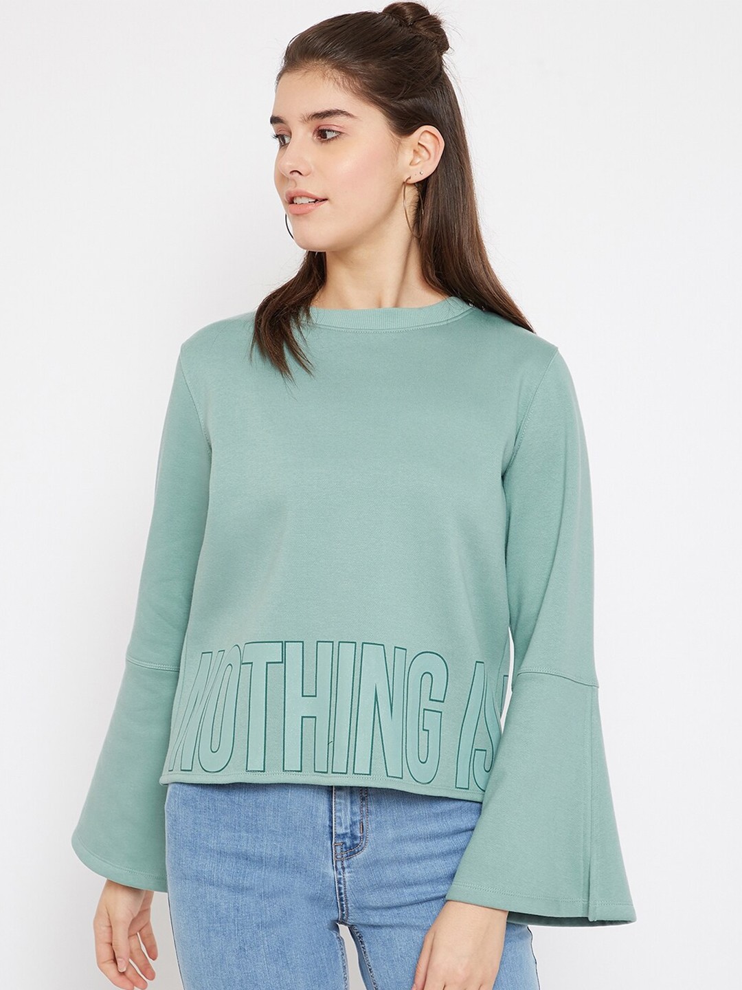 

Madame Women Sea Green Printed Fleece Sweatshirt