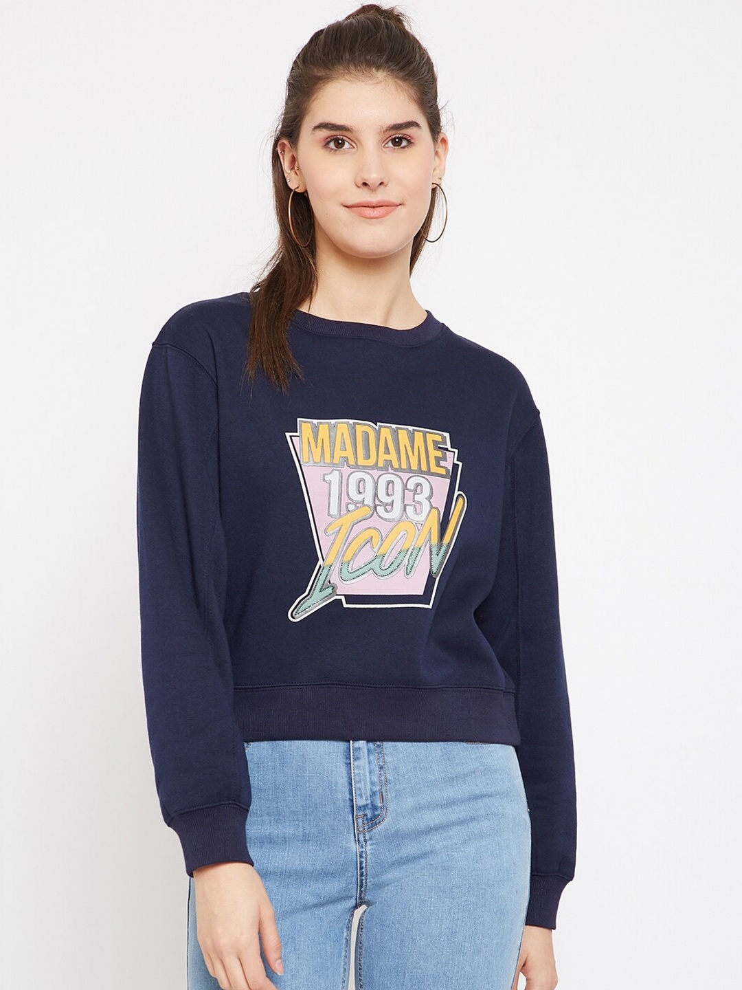 

Madame Women Navy Blue Printed Fleece Sweatshirt