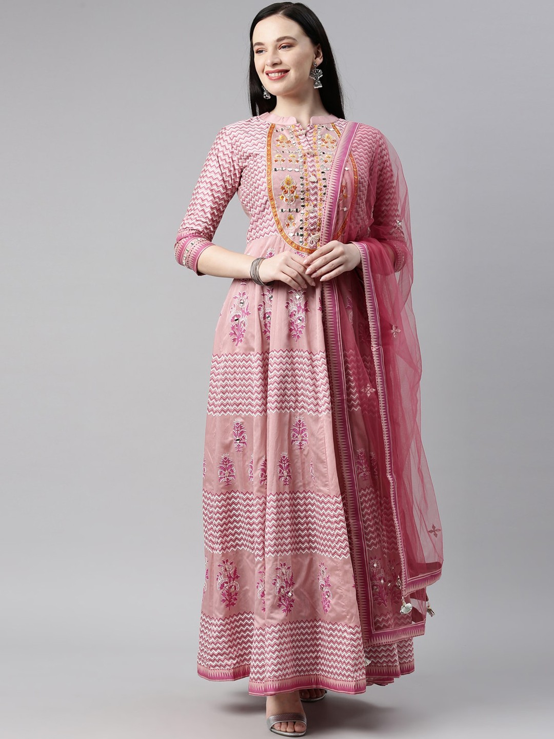 

Neerus Women Pink Embroidered Aari Work Chanderi Cotton Kurta with Churidar & With Dupatta