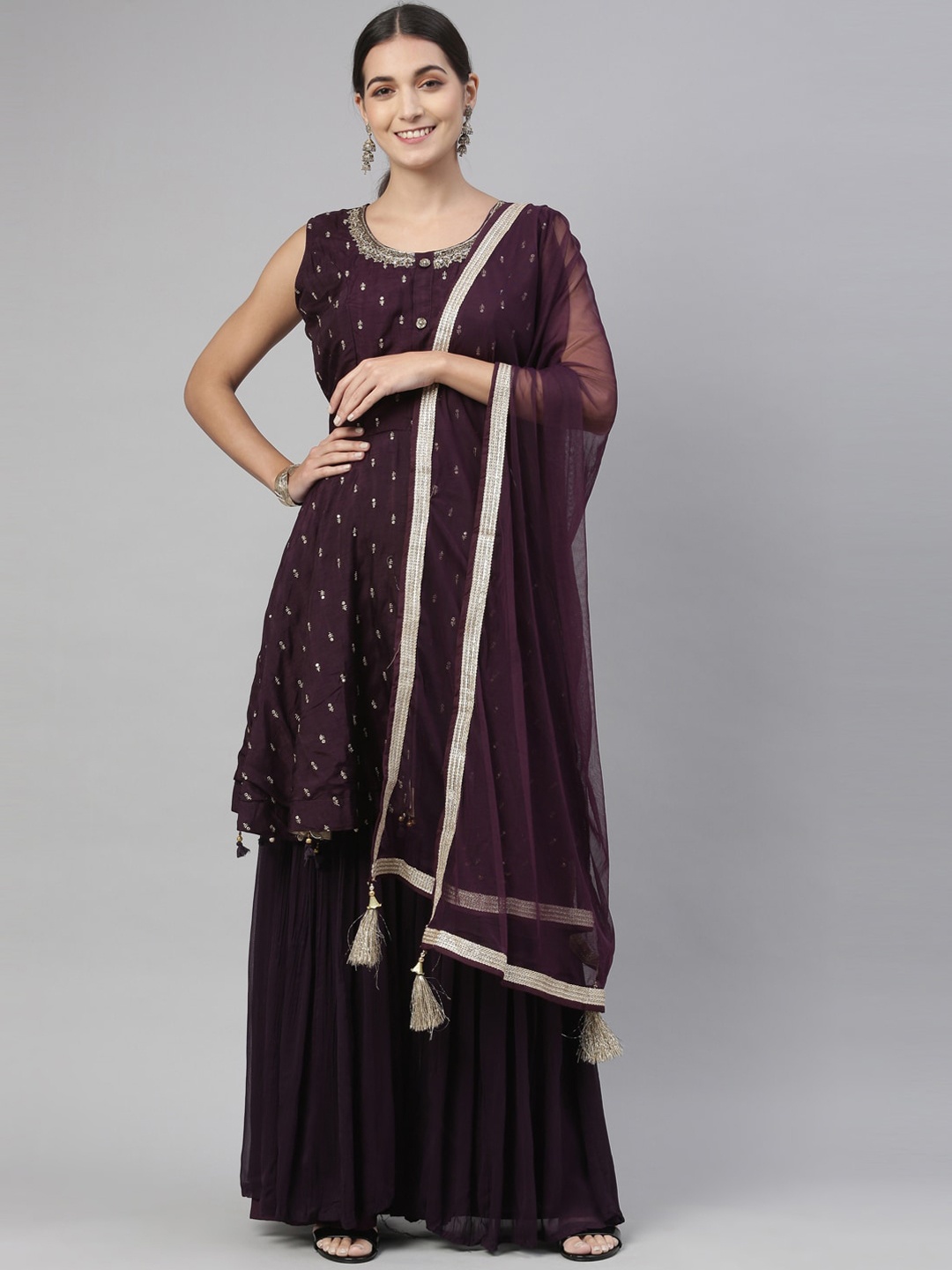 

Neerus Women Red Anarkali Kurta with Sharara & Dupatta, Magenta