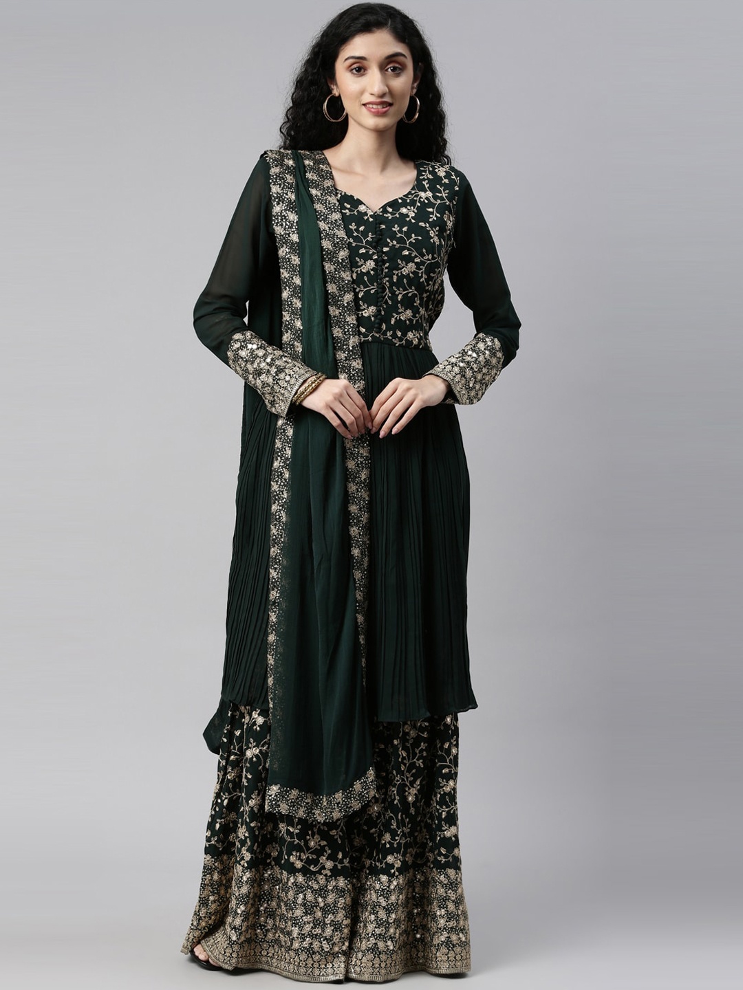 

Neerus Women Green Floral Embroidered Regular Zardozi Silk Georgette Kurta with Skirt & With Dupatta