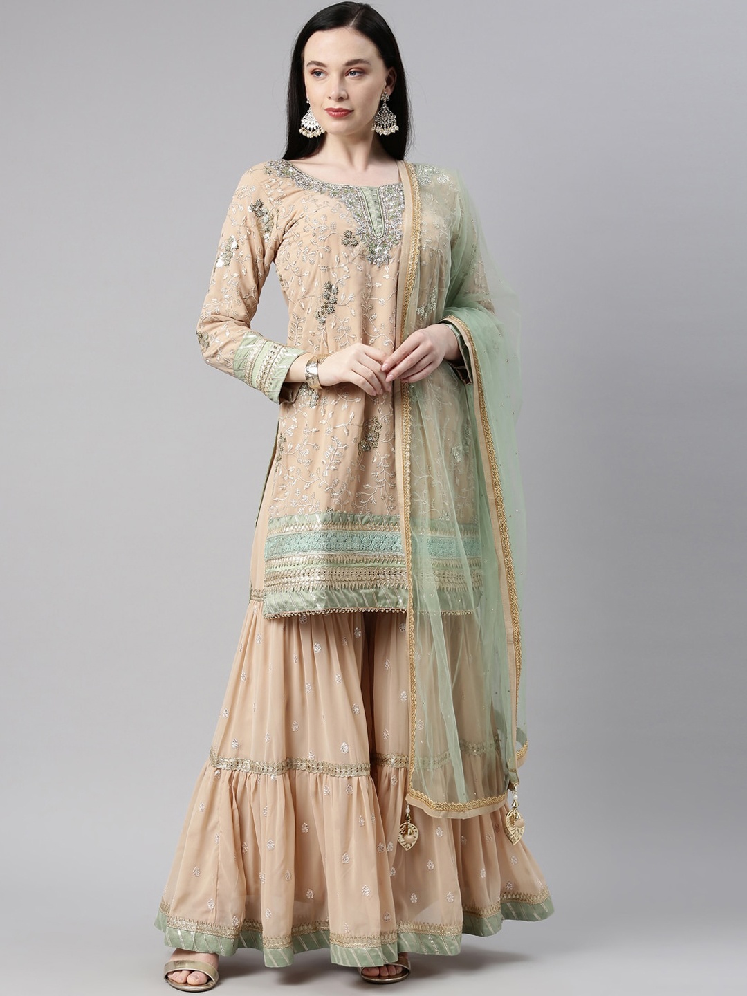 

Neerus Women Olive Green Ethnic Motifs Embroidered Kurti with Sharara & Dupatta