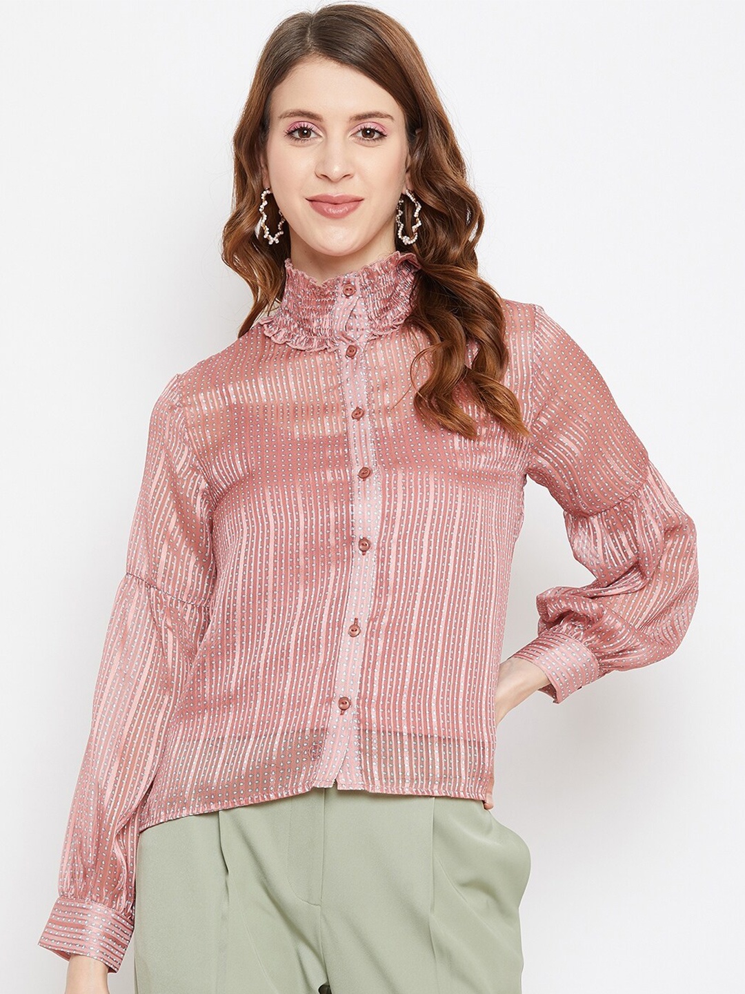 

Madame Peach-Coloured Striped Shirt Style Top