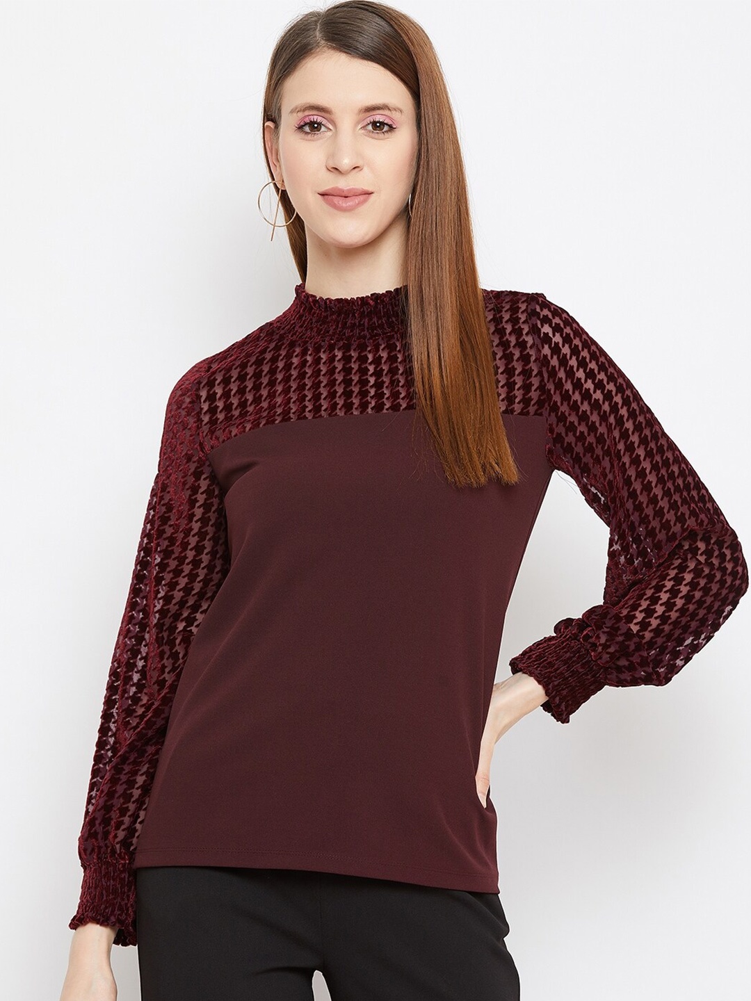 

Madame Maroon Solid High Neck Regular Top