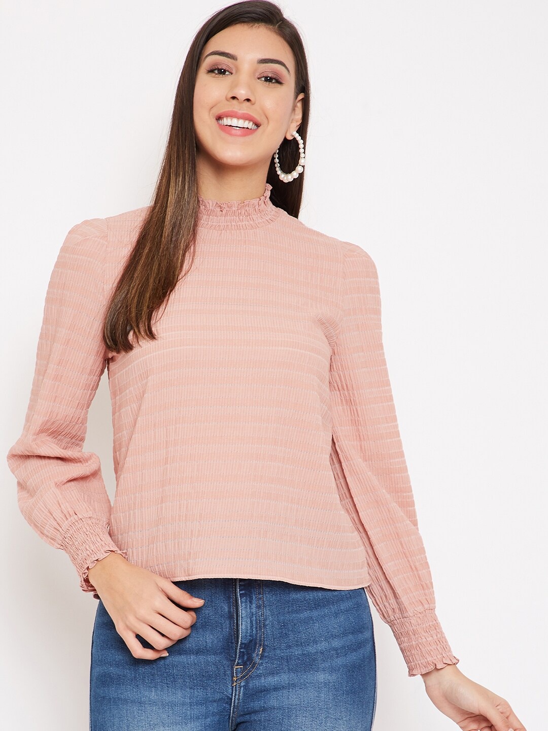 

Madame Peach-Coloured Striped Regular Top