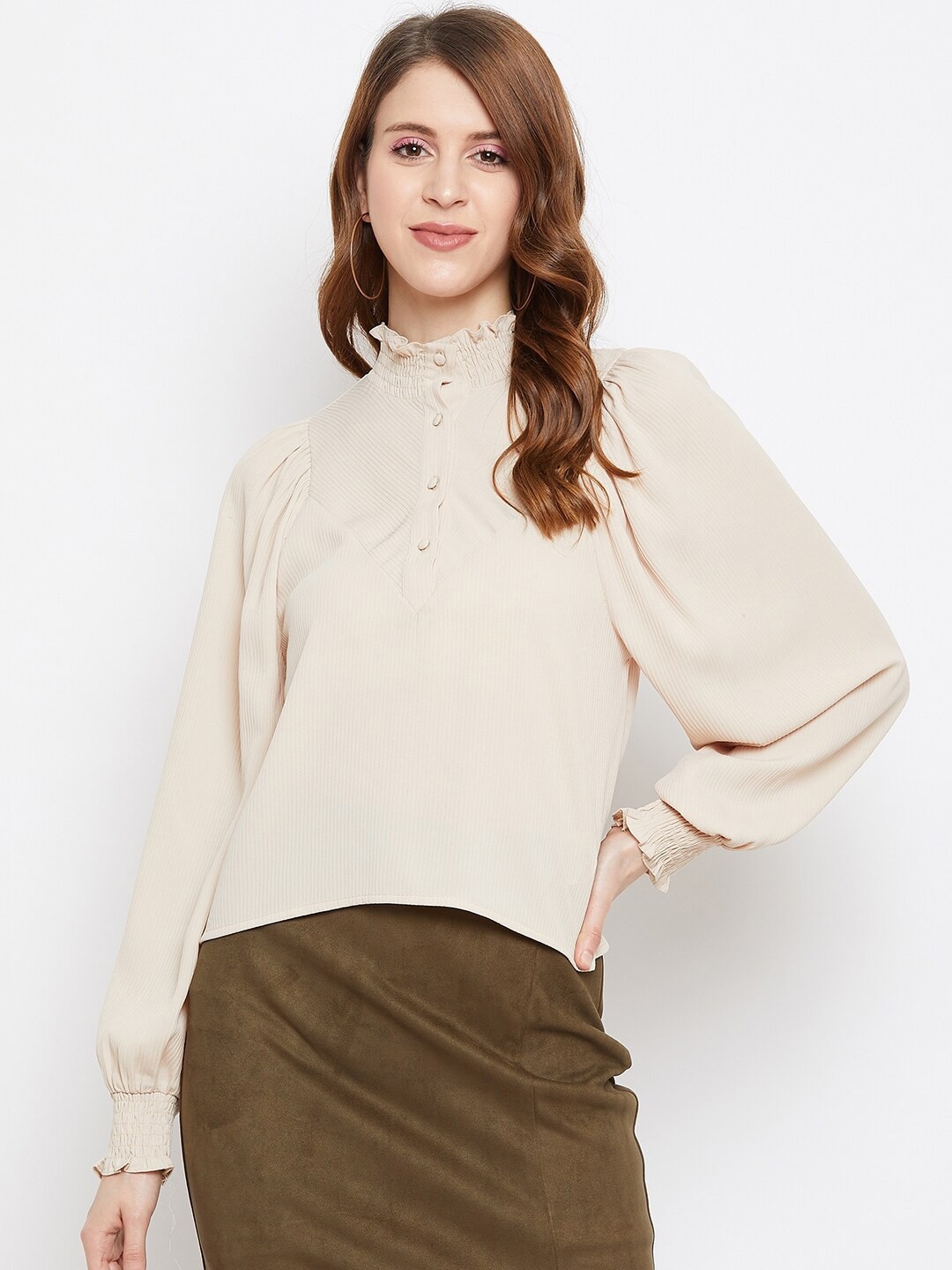 

Madame Beige Solid High Neck Regular Top