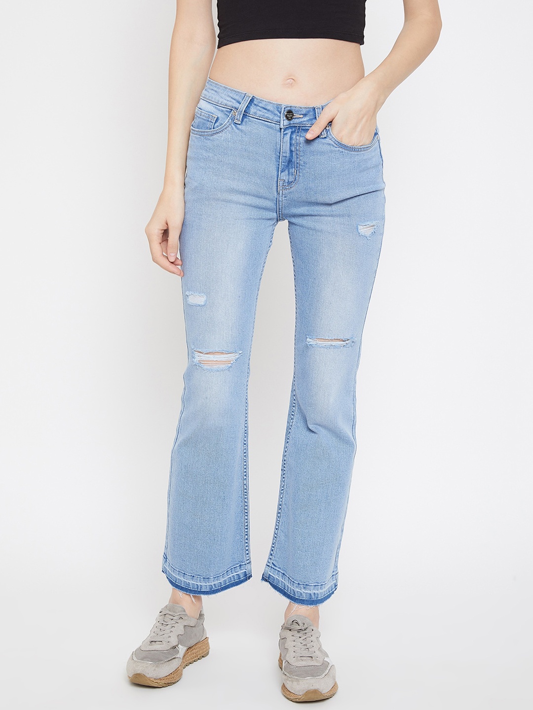 

Madame Women Blue Tapered Fit Mildly Distressed Light Fade Jeans