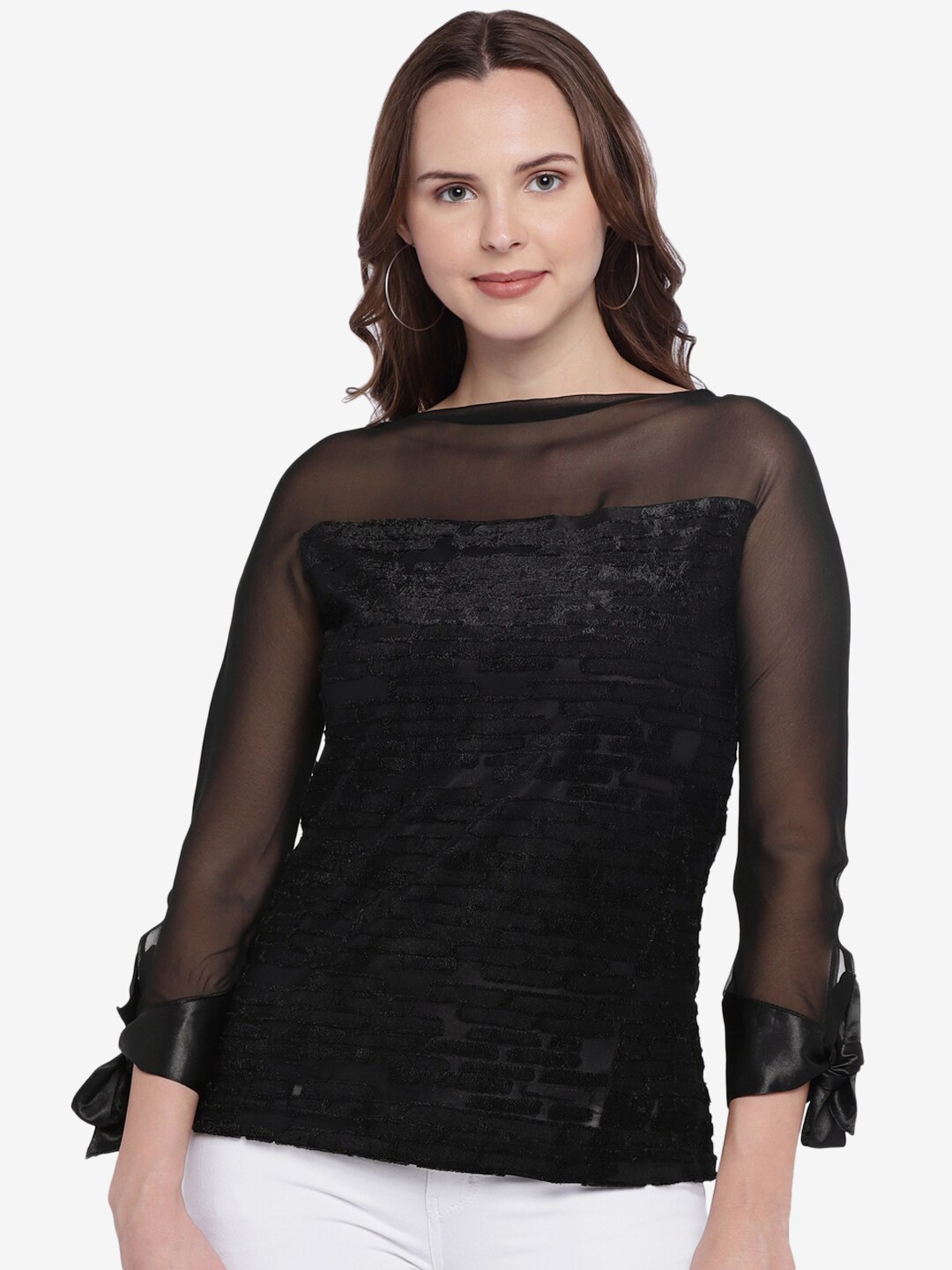 

Emmyrobe Black Self-design Semi-Sheer Jaquard Regular Top