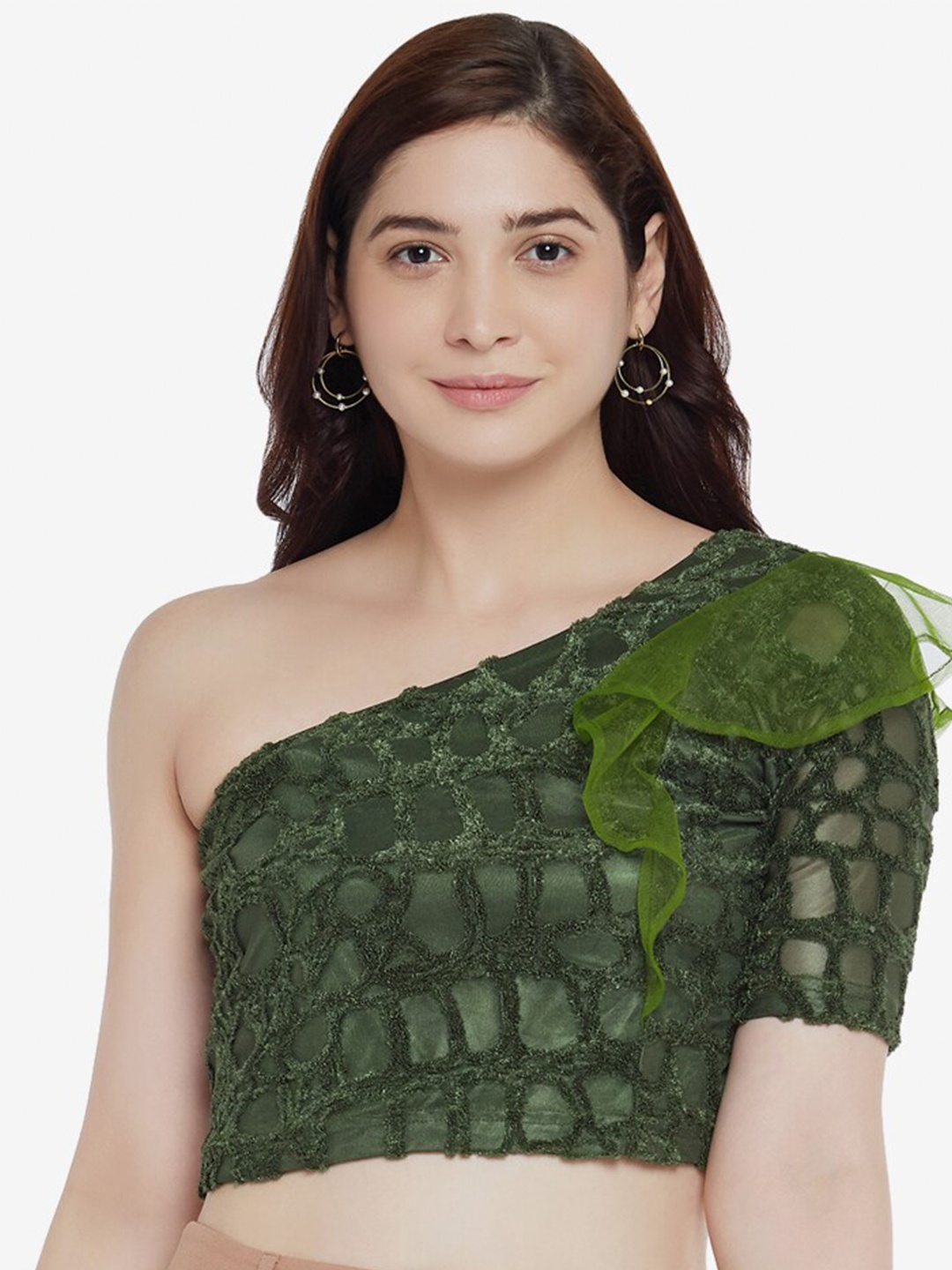 

Emmyrobe Olive Green Floral One Shoulder Regular Crop Top