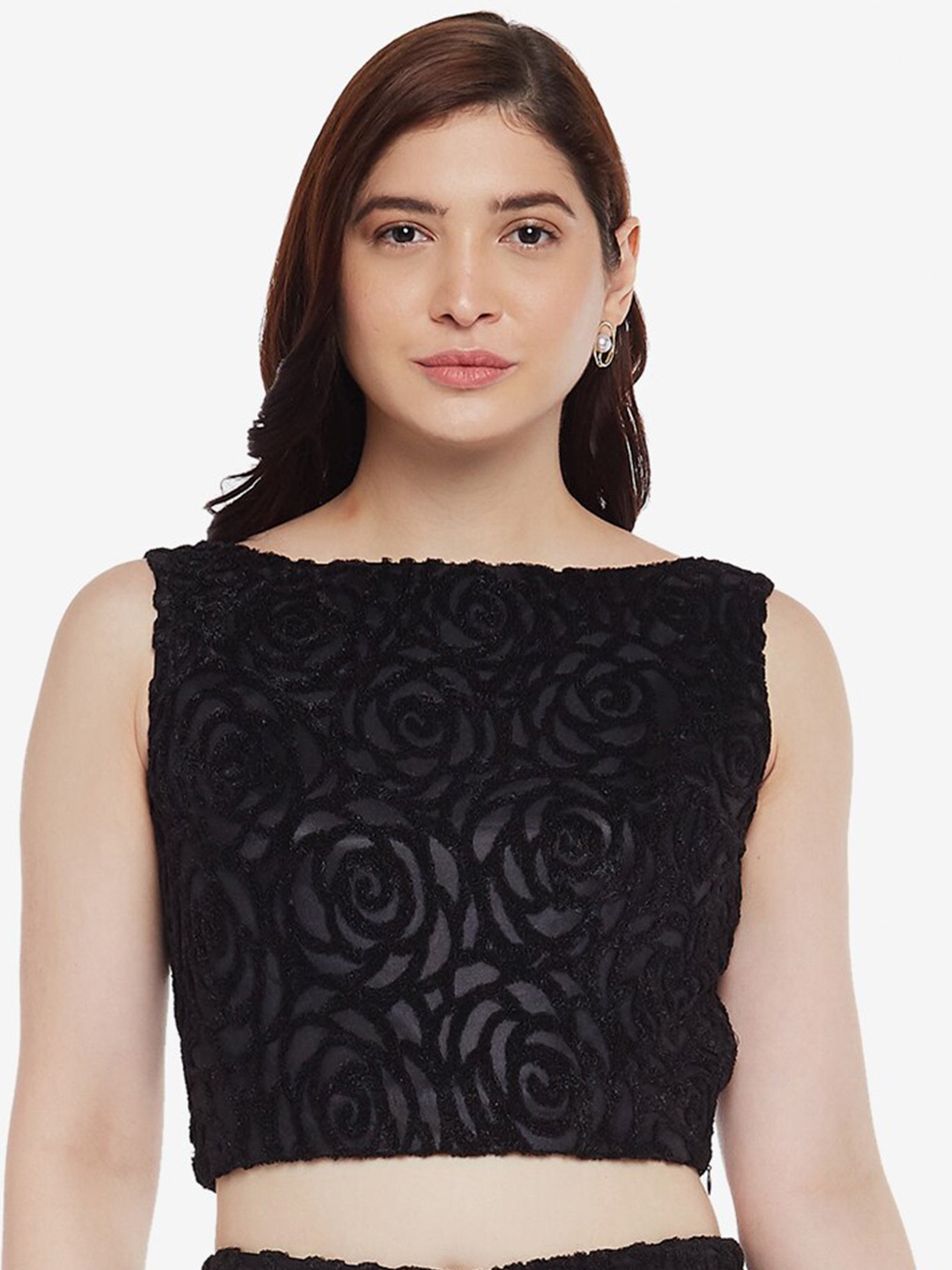 

Emmyrobe Black Floral Self Designed Regular Crop Top