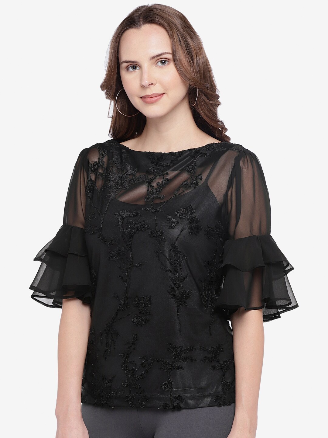 

Emmyrobe Black Layered Flounce Sleeves Regular Top