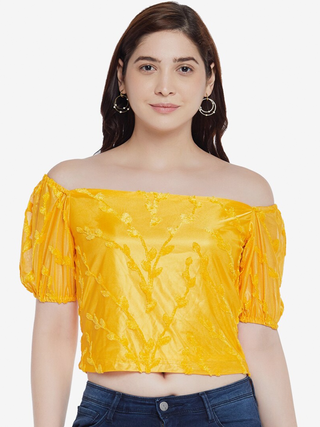 

Emmyrobe Yellow Off-Shoulder Bardot Crop Top