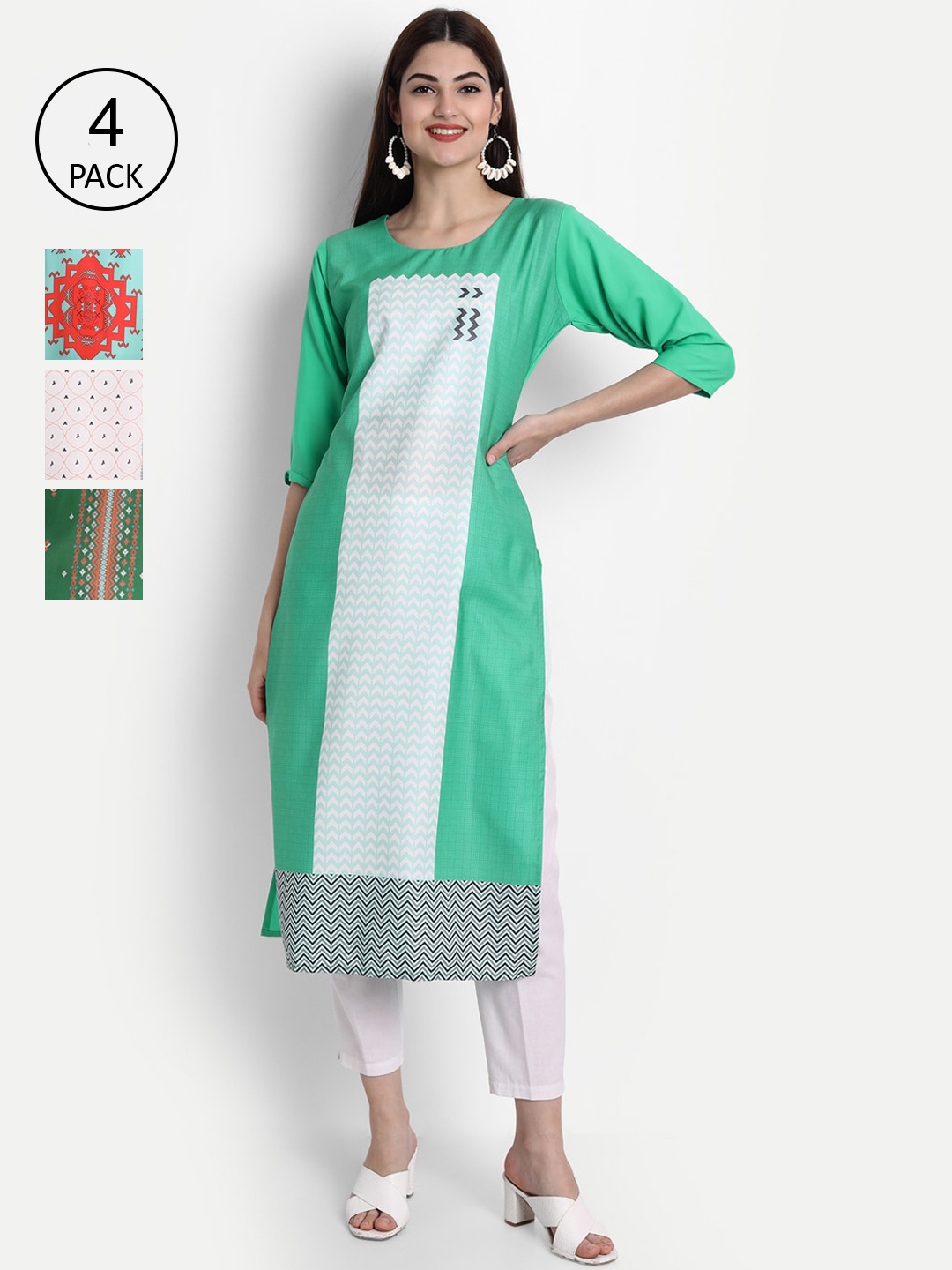 

Ethnic basket Women Pack of 4 Digital Printed Straight Kurtas, Green