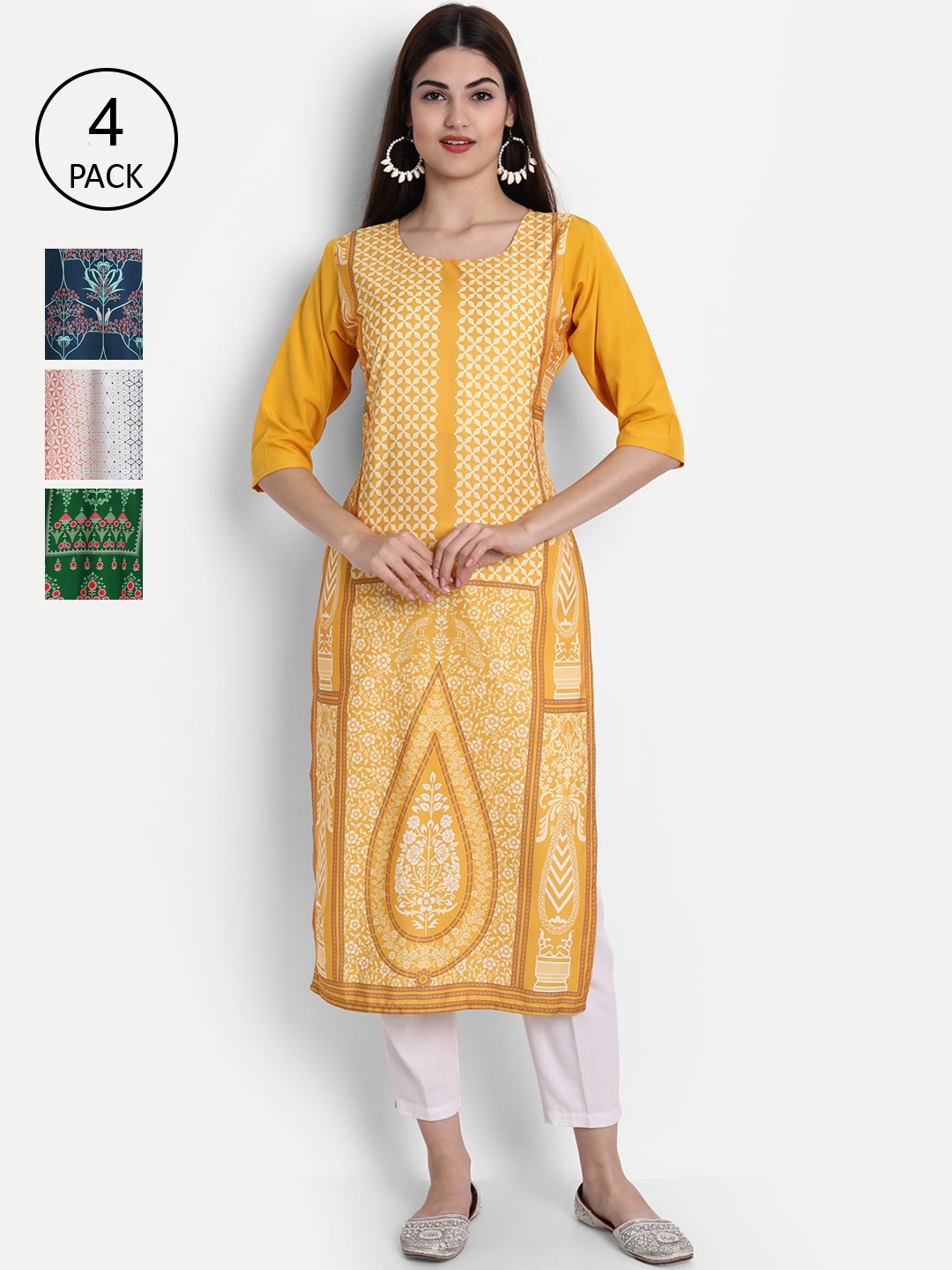 

Ethnic basket Women Pack of 4 Crepe Kurta, Yellow