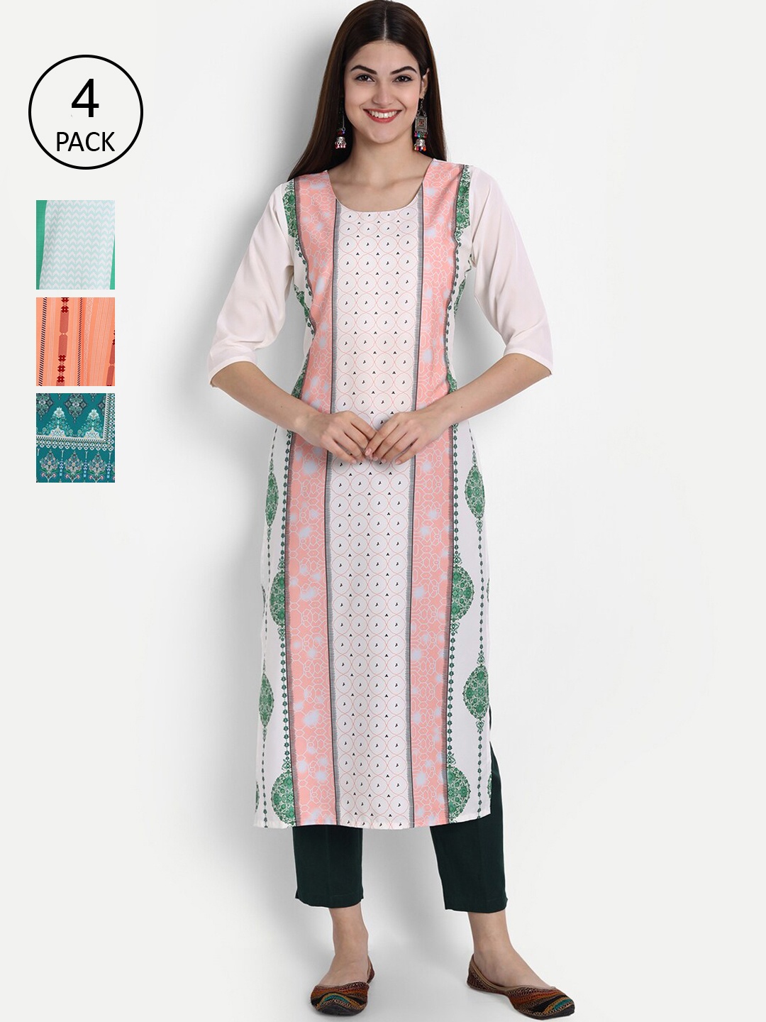 

Ethnic basket Women Pack of 4 Digital Printed Straight Kurtas, White