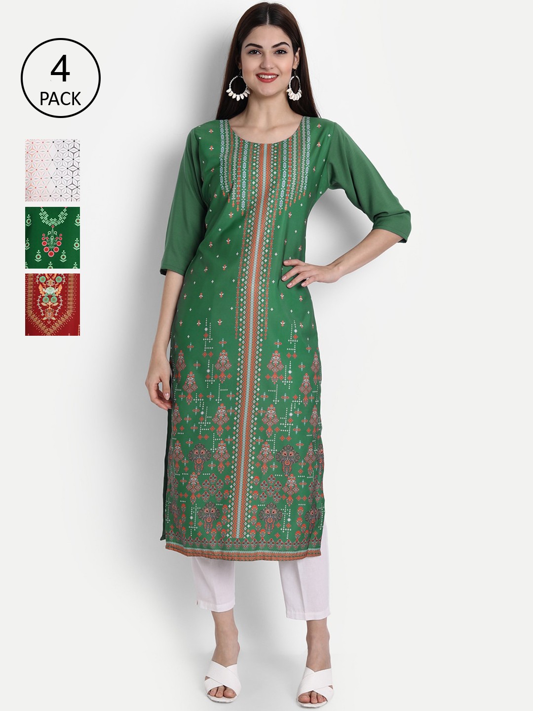 

Ethnic basket Women Pack of 4 Pack of 4 Digital Printed Straight Kurtas, Green