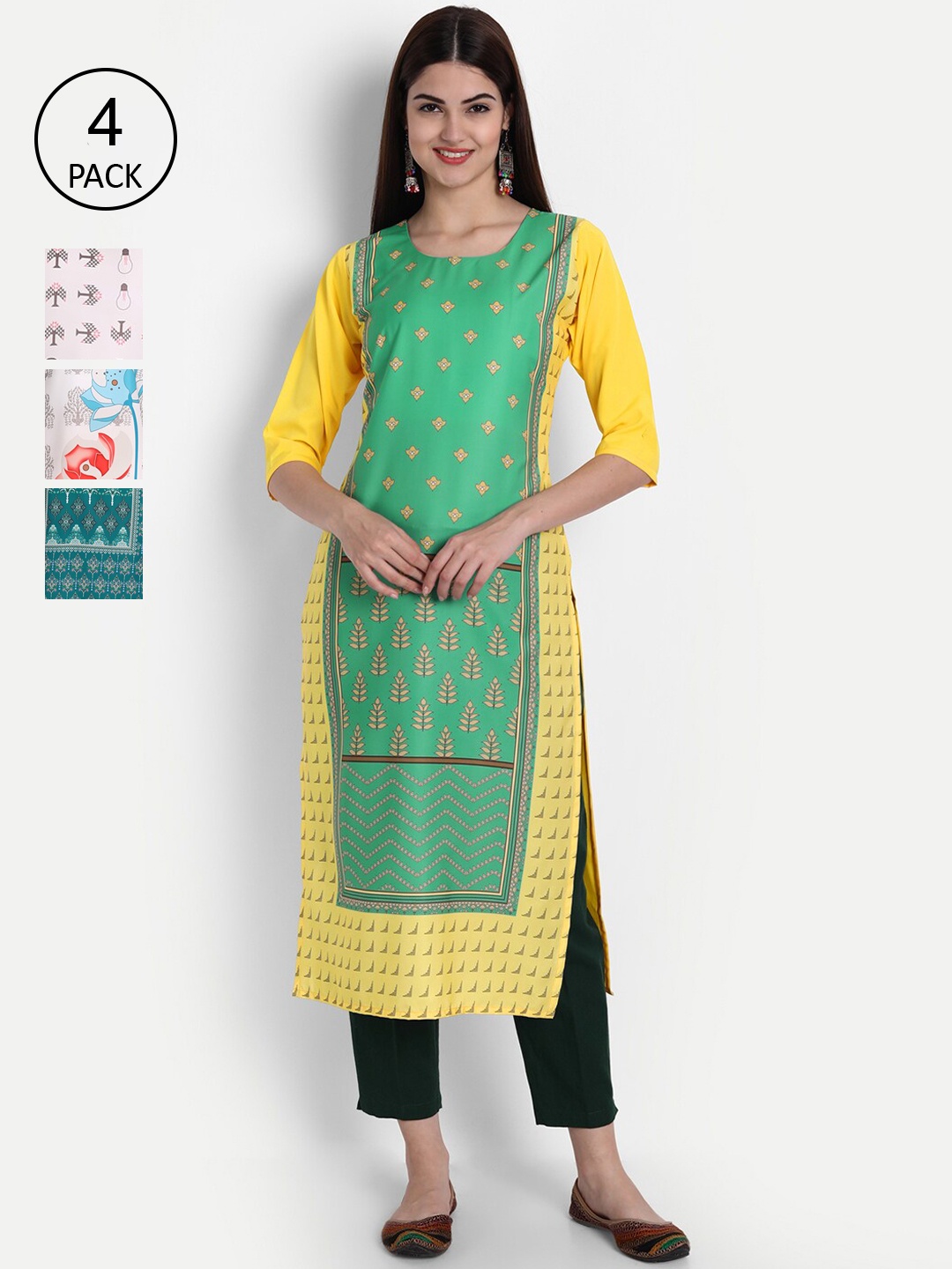 

Ethnic basket Women Pack of 4 Crepe Kurta, Green