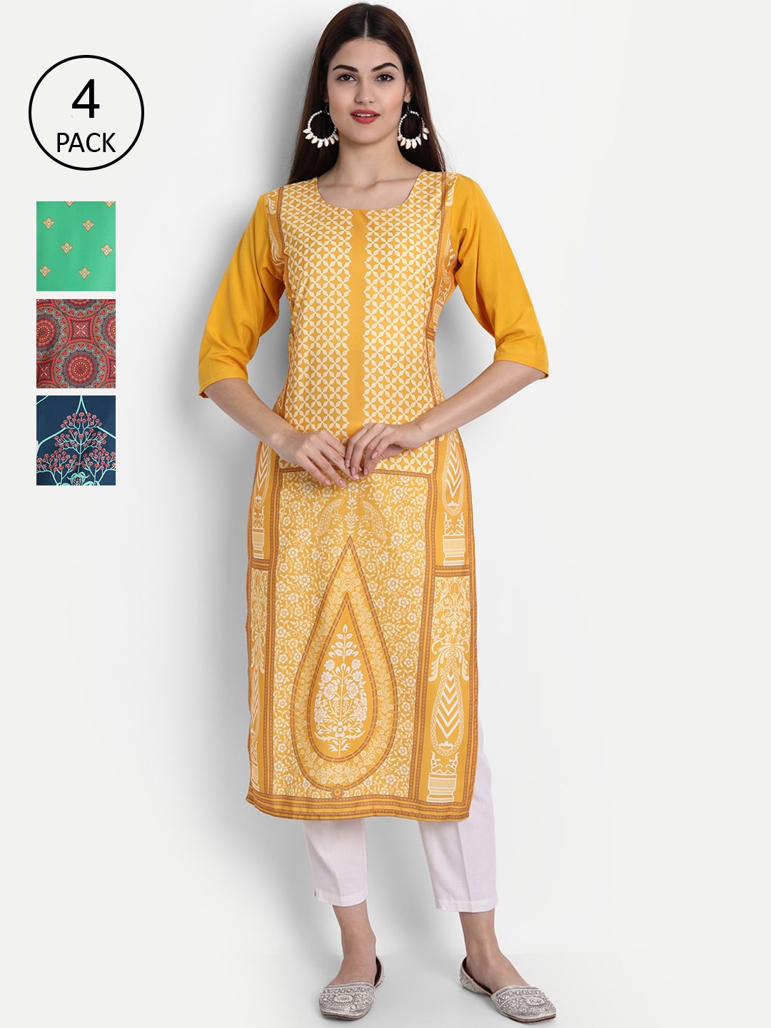 

Ethnic basket Women Pack of 4 Digital Printed Straight Kurtas, Yellow