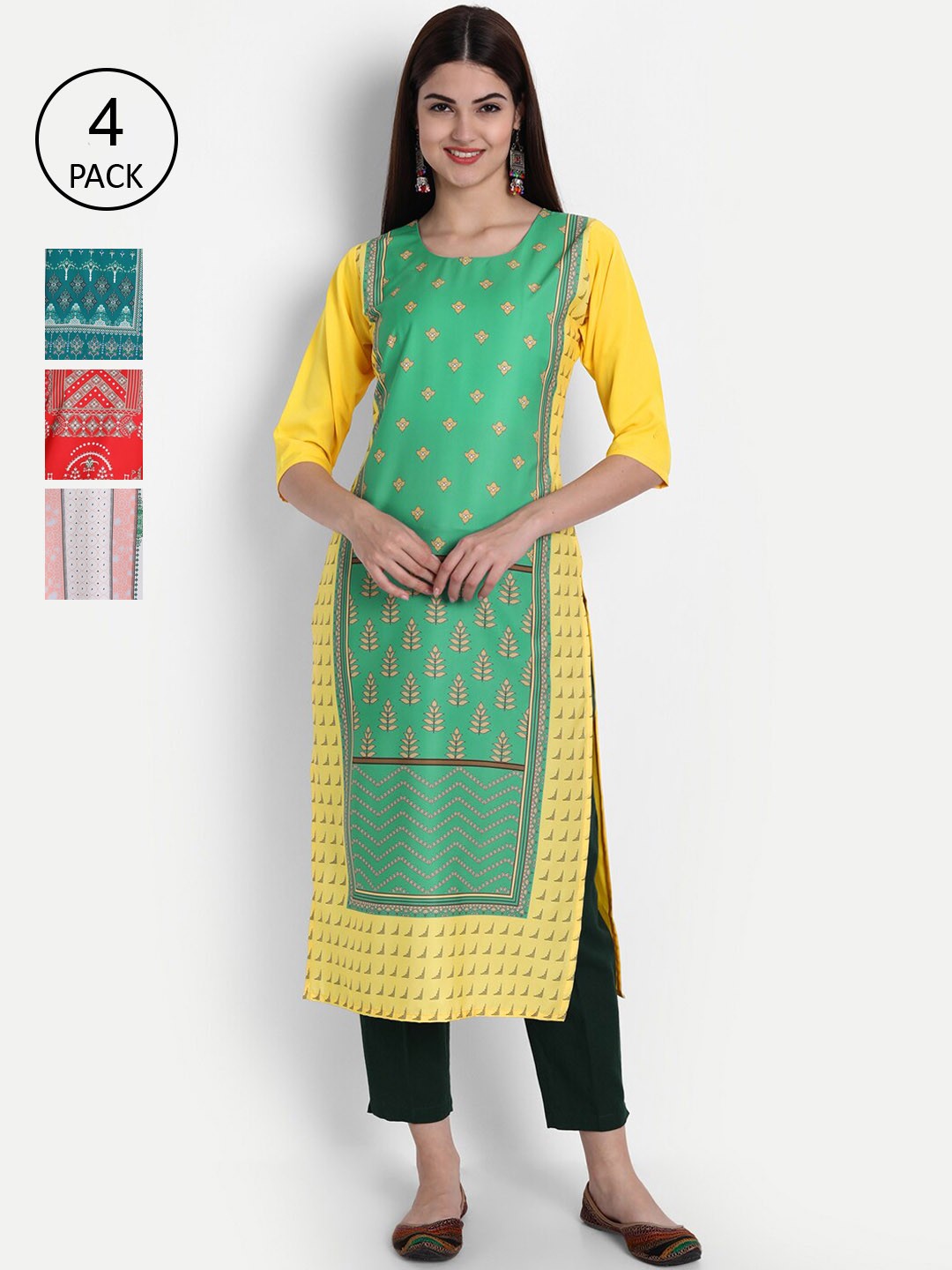 

Ethnic basket Women Pack of 4 Digital Printed Straight Kurtas, Green