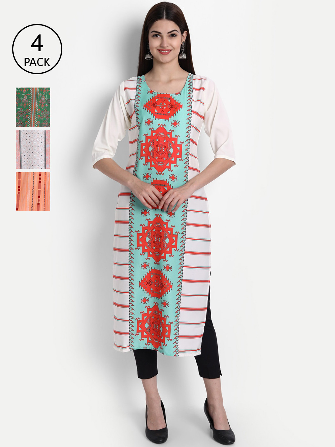 

Ethnic basket Women Multicoloured Pack Of 4 Printed Straight Crepe Kurta, Multi