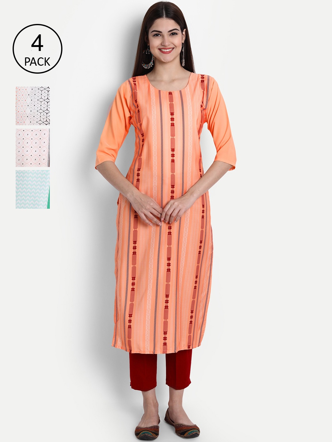 

Ethnic basket Women Pack of 4 Digital Printed Straight Kurtas, Peach