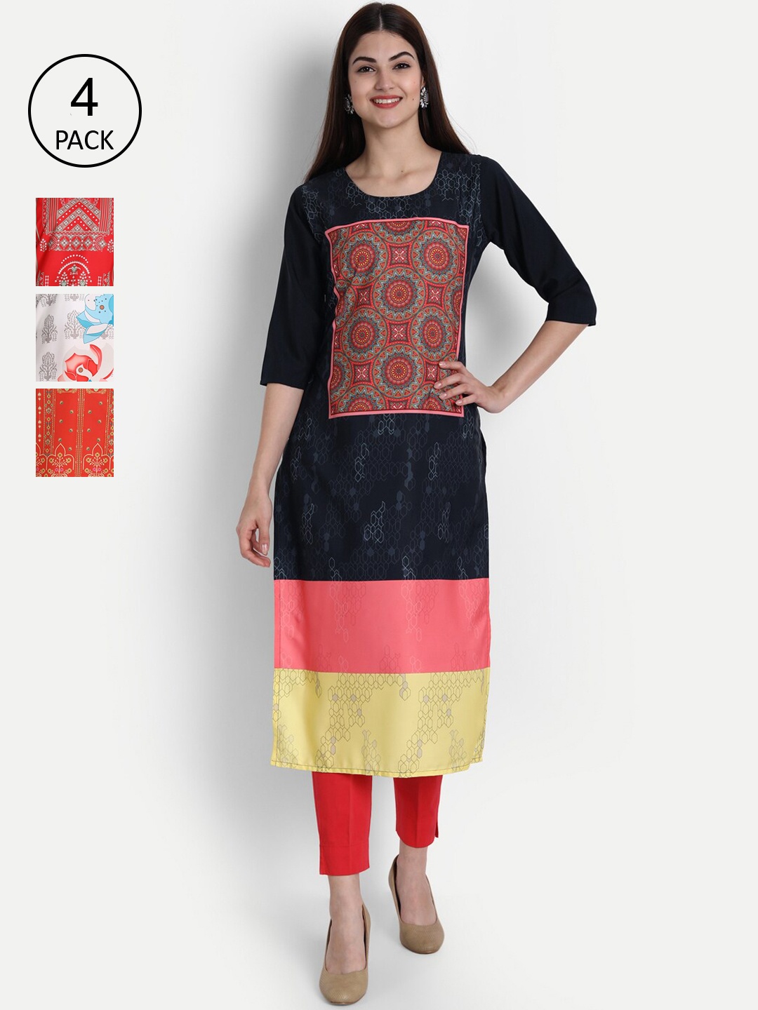 

Ethnic basket Women Pack Of 4 Multicoloured Ethnic Motifs Printed Crepe Kurta, Multi