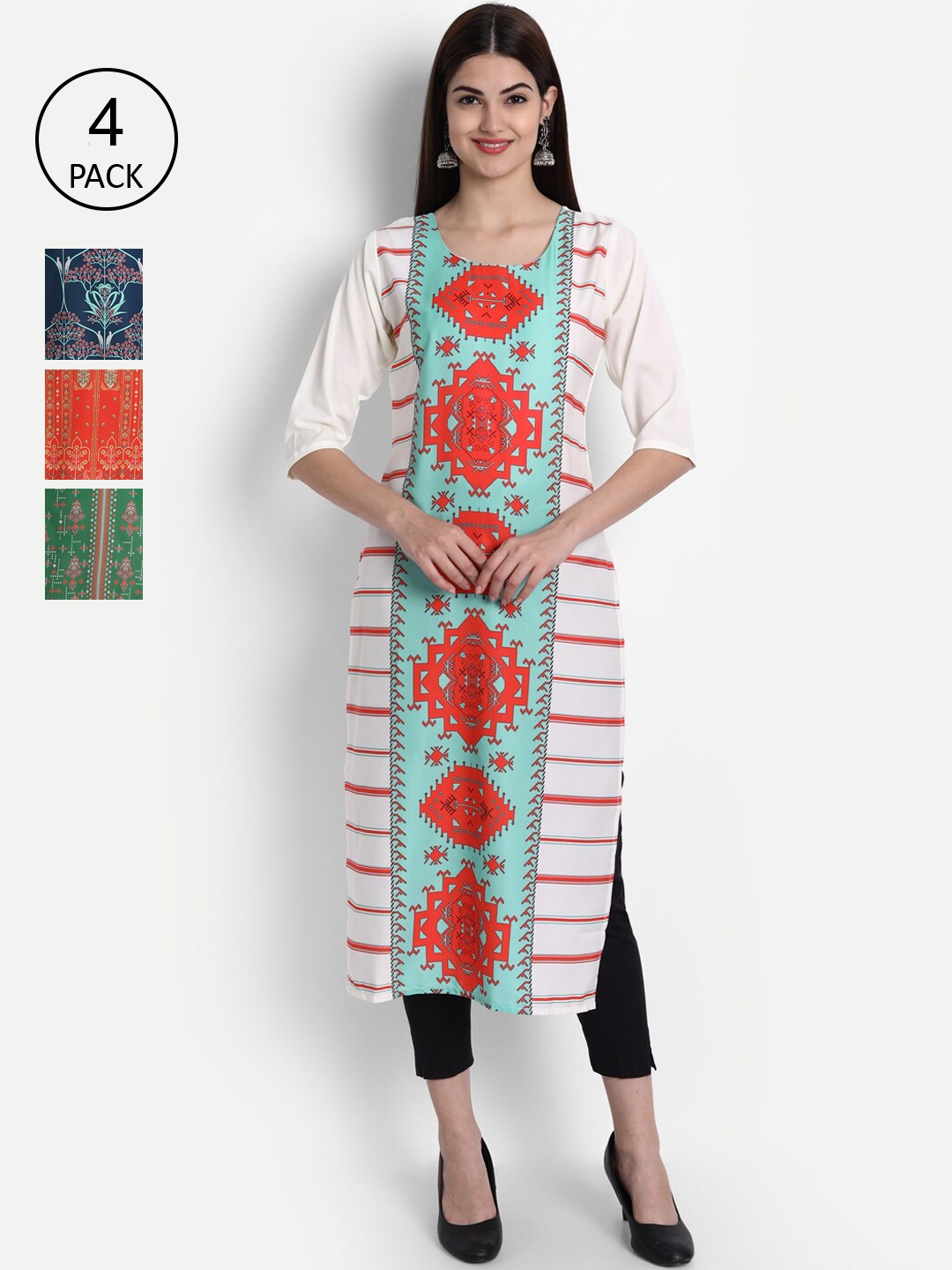 

Ethnic basket Women Pack of 4 Ethnic Motifs Printed Crepe Kurta, Green