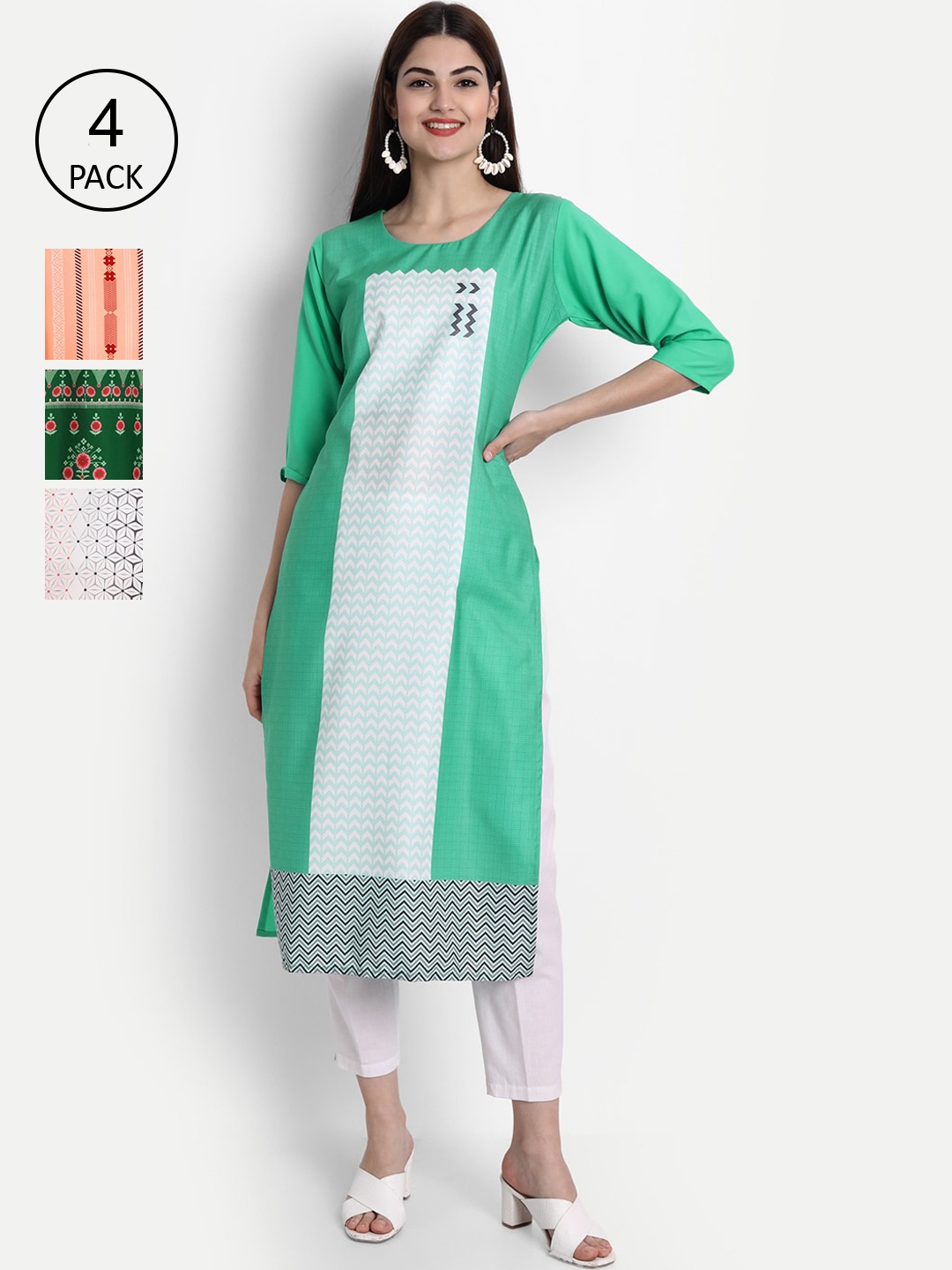 

Ethnic basket Women Pack of 4 Digital Printed Straight Kurtas, Green