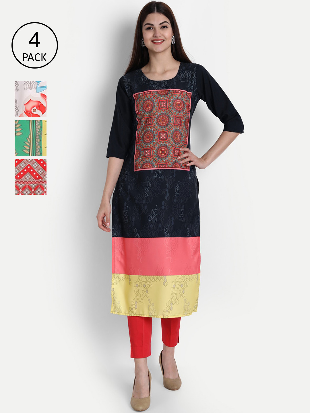 

Ethnic basket Women Pack Of 5 Multicoloured Ethnic Motifs Printed Crepe Kurta, Multi