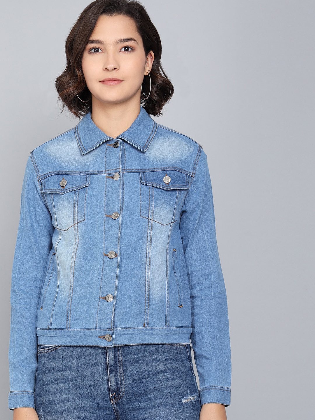 

Kotty Women Blue Washed Colourblocked Denim Jacket