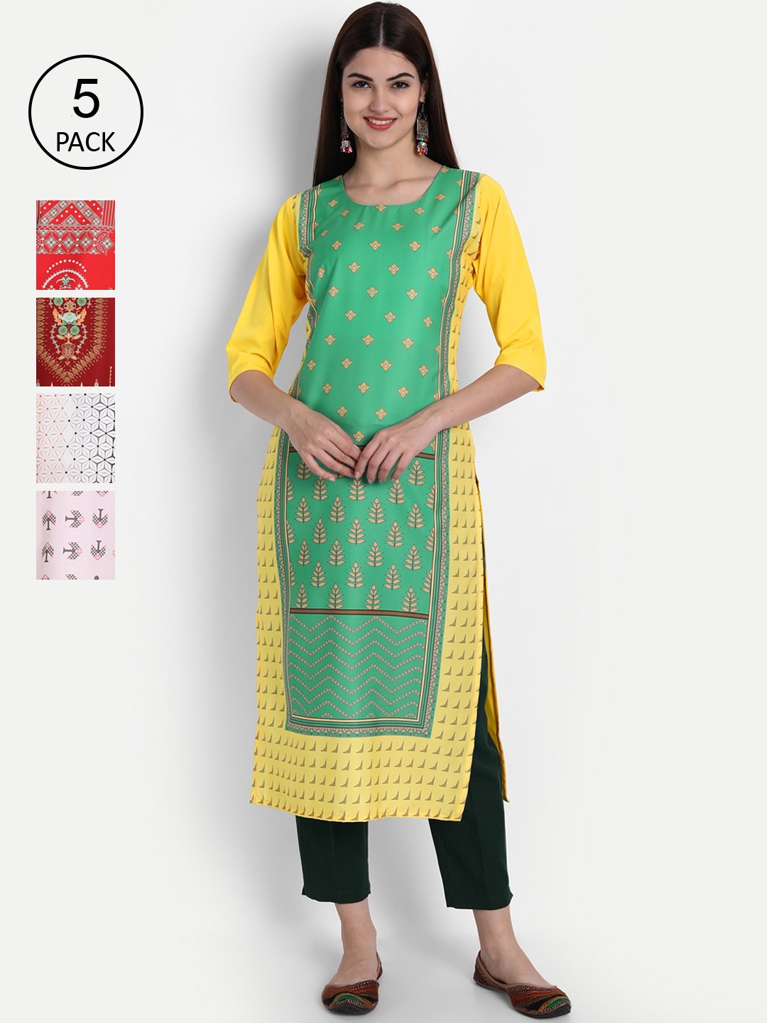 

Ethnic basket Women Pack of 4 Crepe Kurta, Green