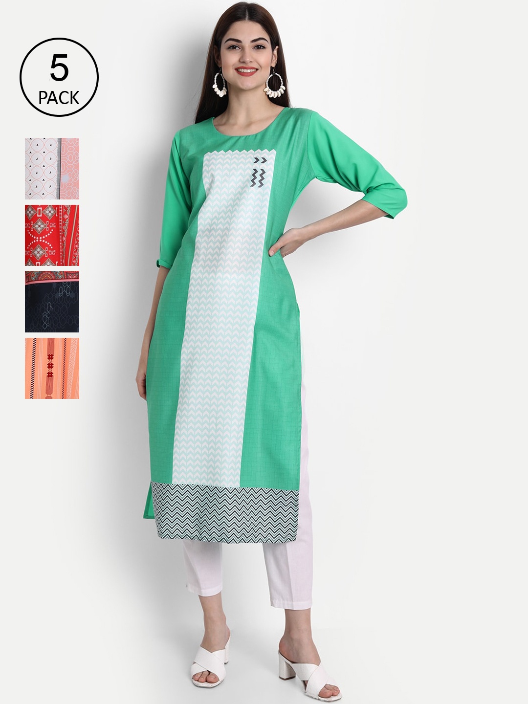 

Ethnic basket Women Pack of 5 Digital Printed Straight Kurtas, Green