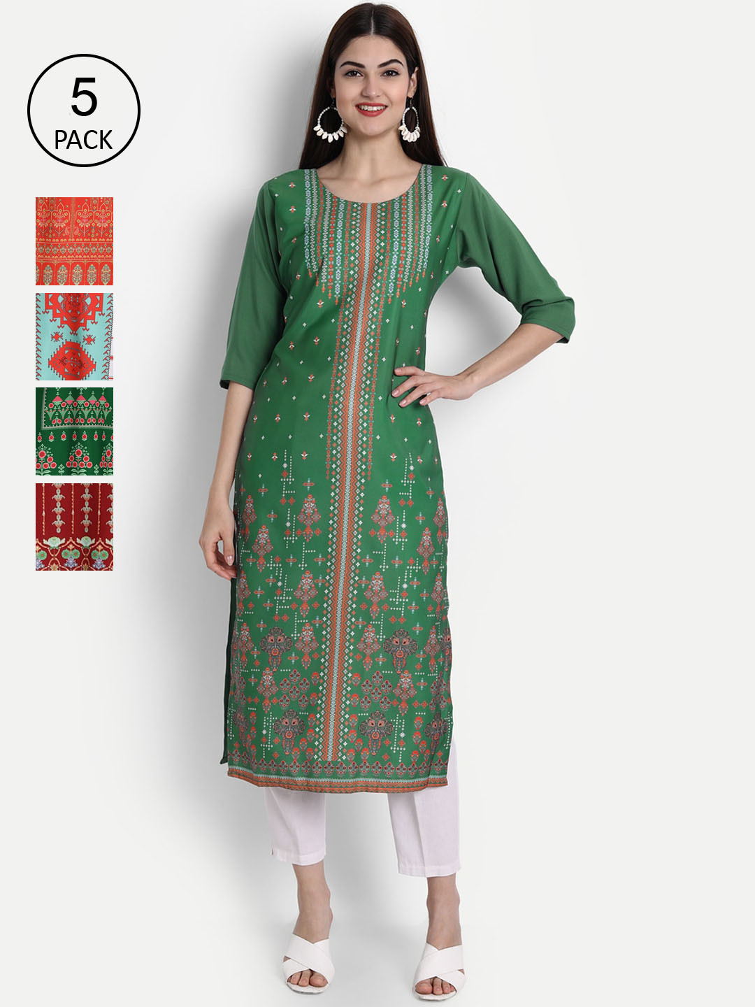 

Ethnic basket Women Pack Of 5 Multicoloured Ethnic Motifs Printed Crepe Kurta, Multi
