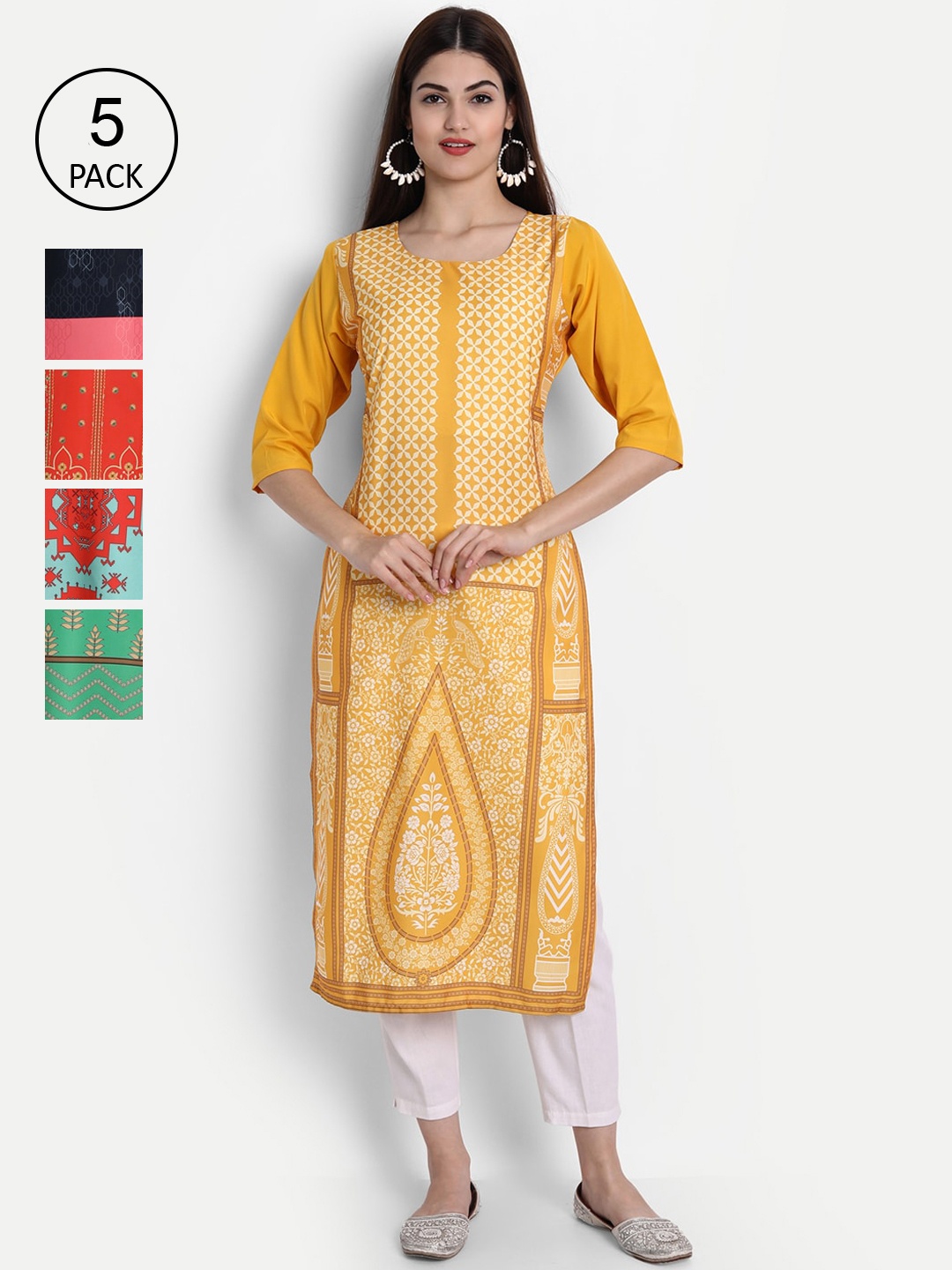 

Ethnic basket Women Pack of 5 Digital Printed Straight Kurtas, Yellow