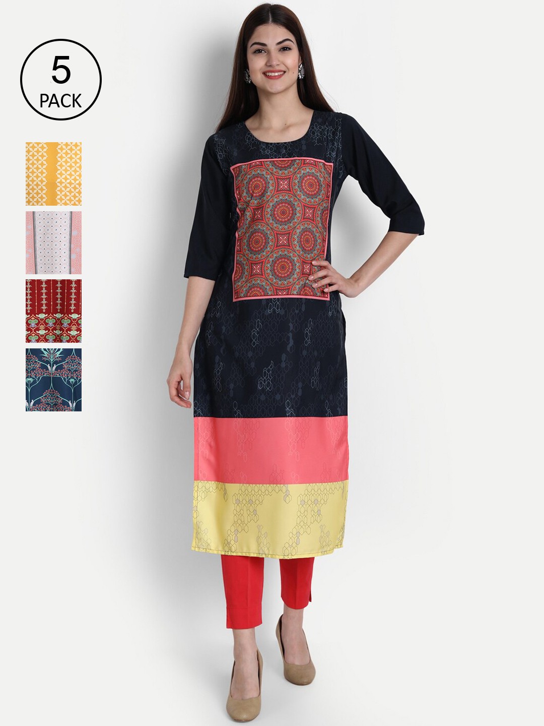 

Ethnic basket Women Pack Of 5 Printed Straight Kurta, Multi