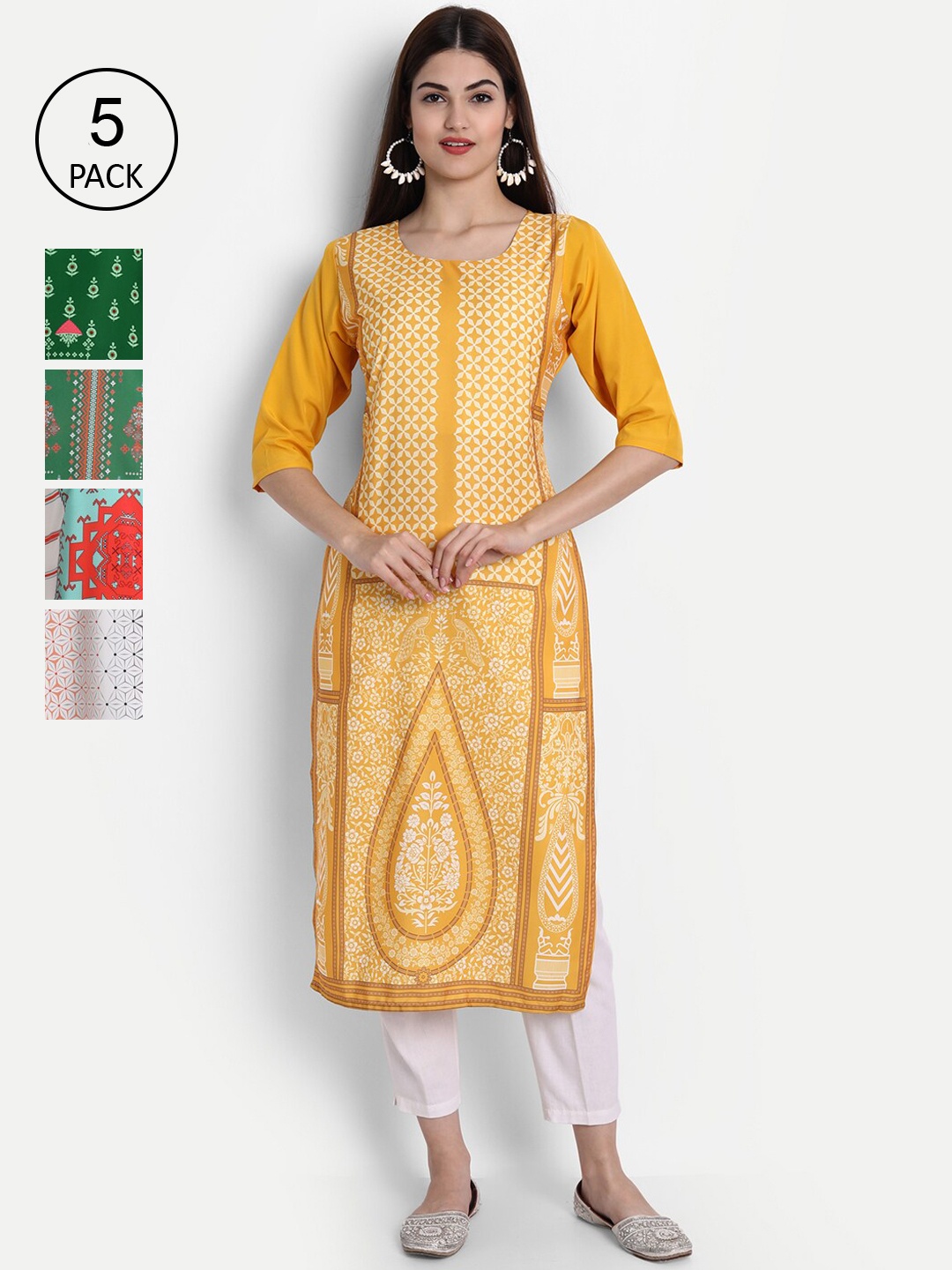 

Ethnic basket Women Pack of 4 Printed Crepe Kurta, Yellow