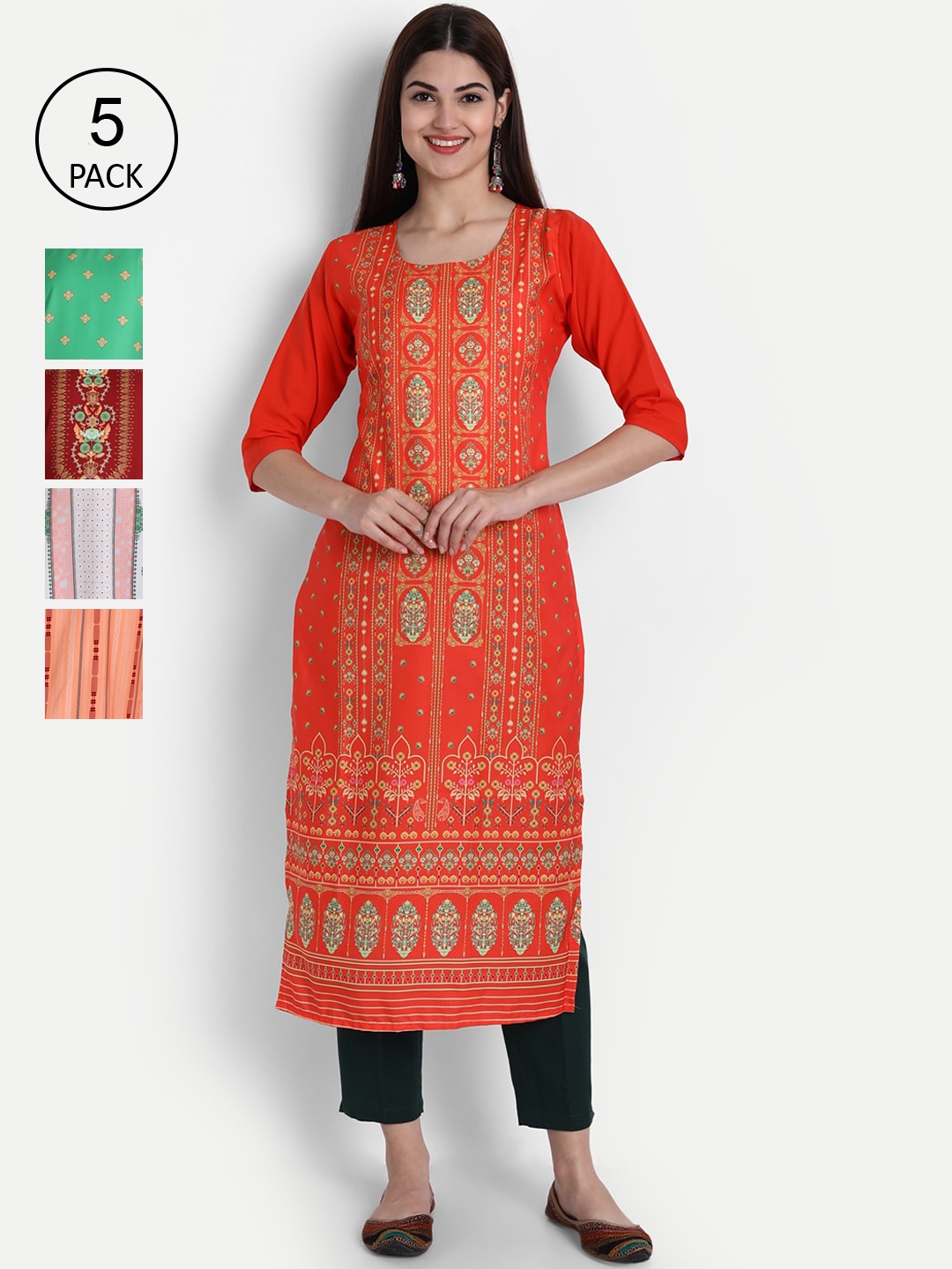 

Ethnic basket Women Pack of 5 Digital Printed Straight Kurtas, Orange