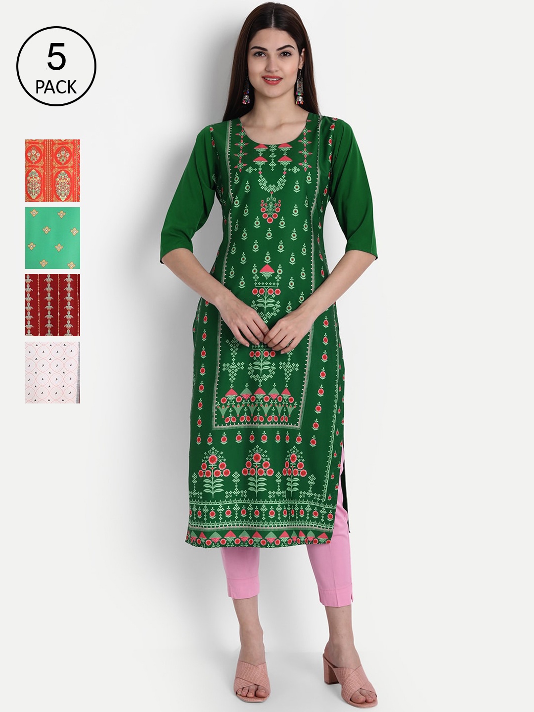 

Ethnic basket Women Pack Of 5 Multicoloured Ethnic Motifs Printed Crepe Kurta, Multi