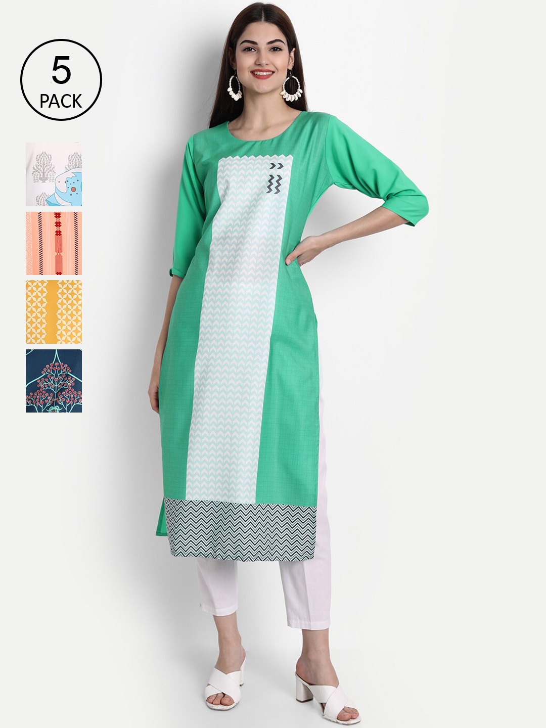 

Ethnic basket Women Pack of 5 Digital Printed Straight Kurtas, Green