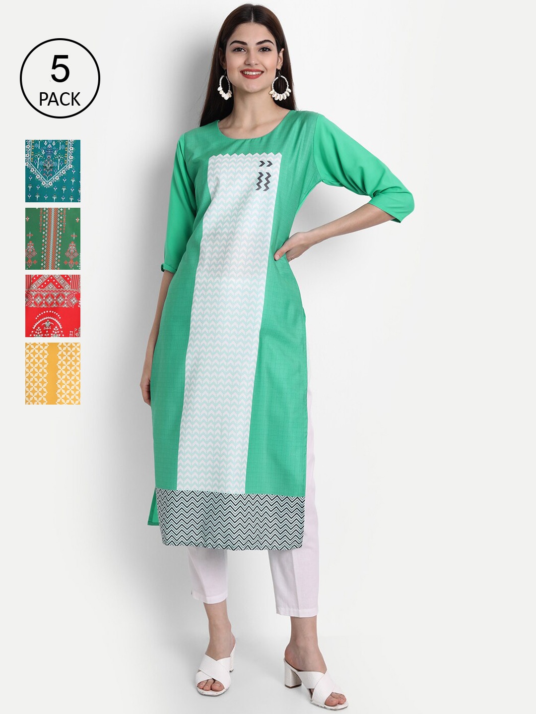 

Ethnic basket Women Pack Of 5 Multicoloured Ethnic Motifs Printed Crepe Kurta, Multi