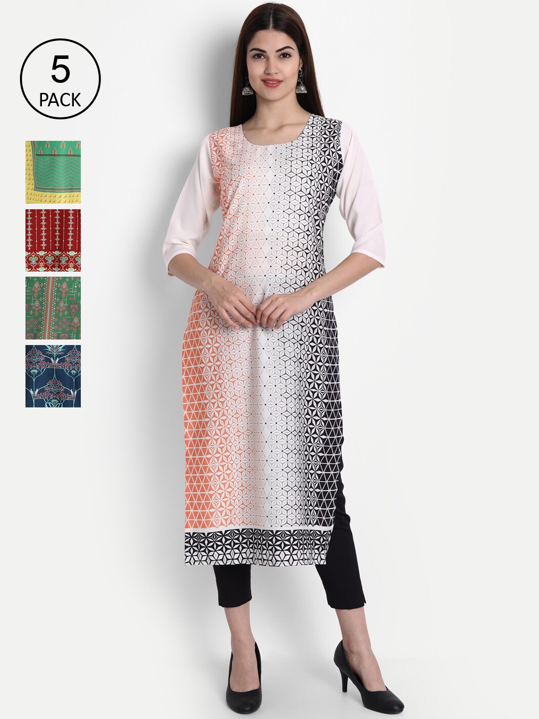 

Ethnic basket Women Pack of 5 Digital Printed Straight Kurtas, White