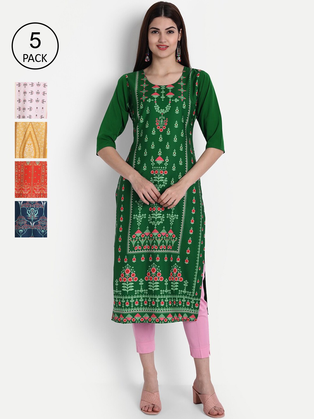 

Ethnic basket Women Pack Of 5 Multicoloured Ethnic Motifs Printed Thread Work Crepe Kurta, Multi