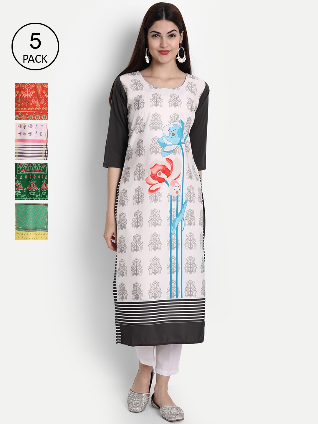 

Ethnic basket Women Pack of 5 Digital Printed Straight Kurtas, White