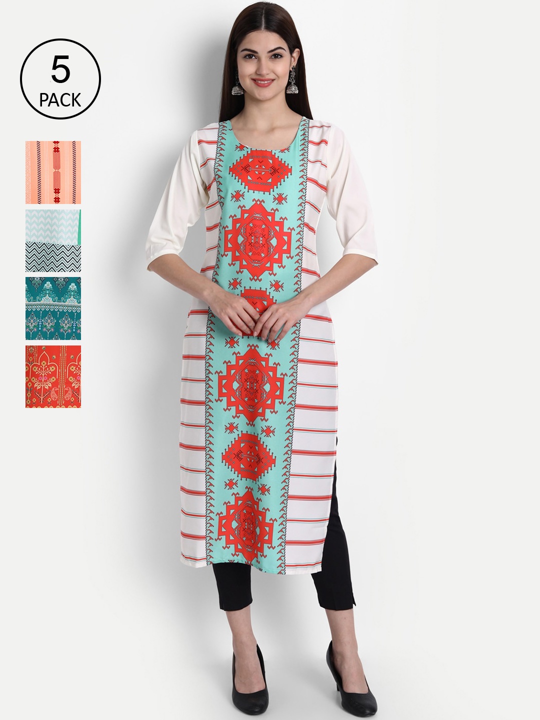 

Ethnic basket Women Multicoloured Pack Of 5 Printed Straight Crepe Kurta, Multi