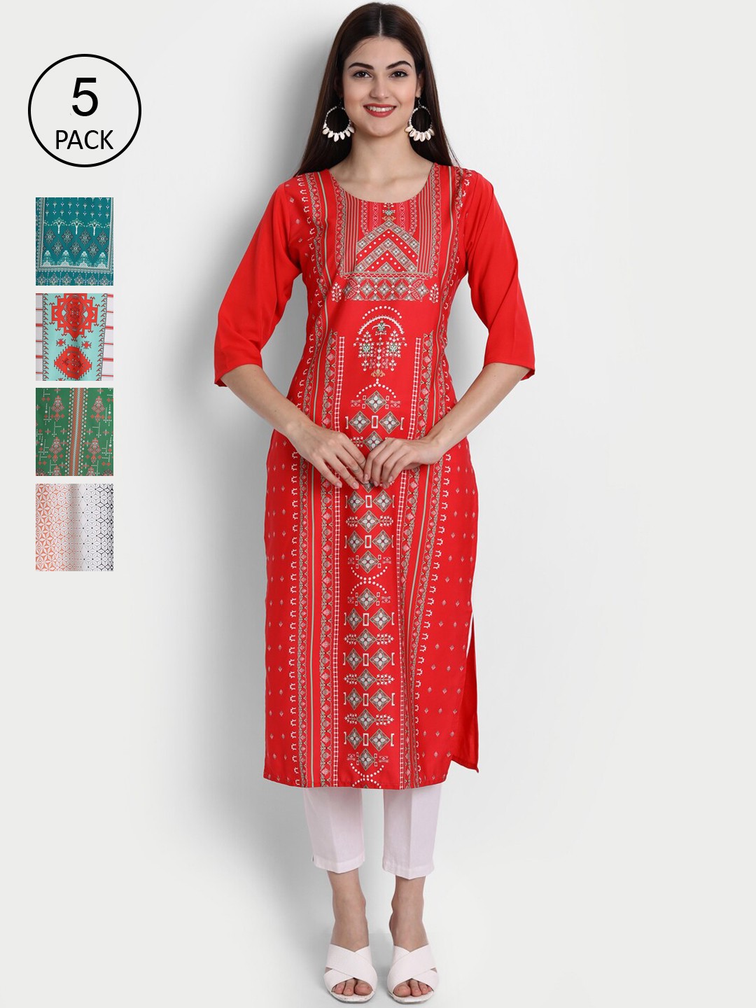 

Ethnic basket Women Pack Of 5 Multicoloured Geometric Printed Crepe Kurta, Multi